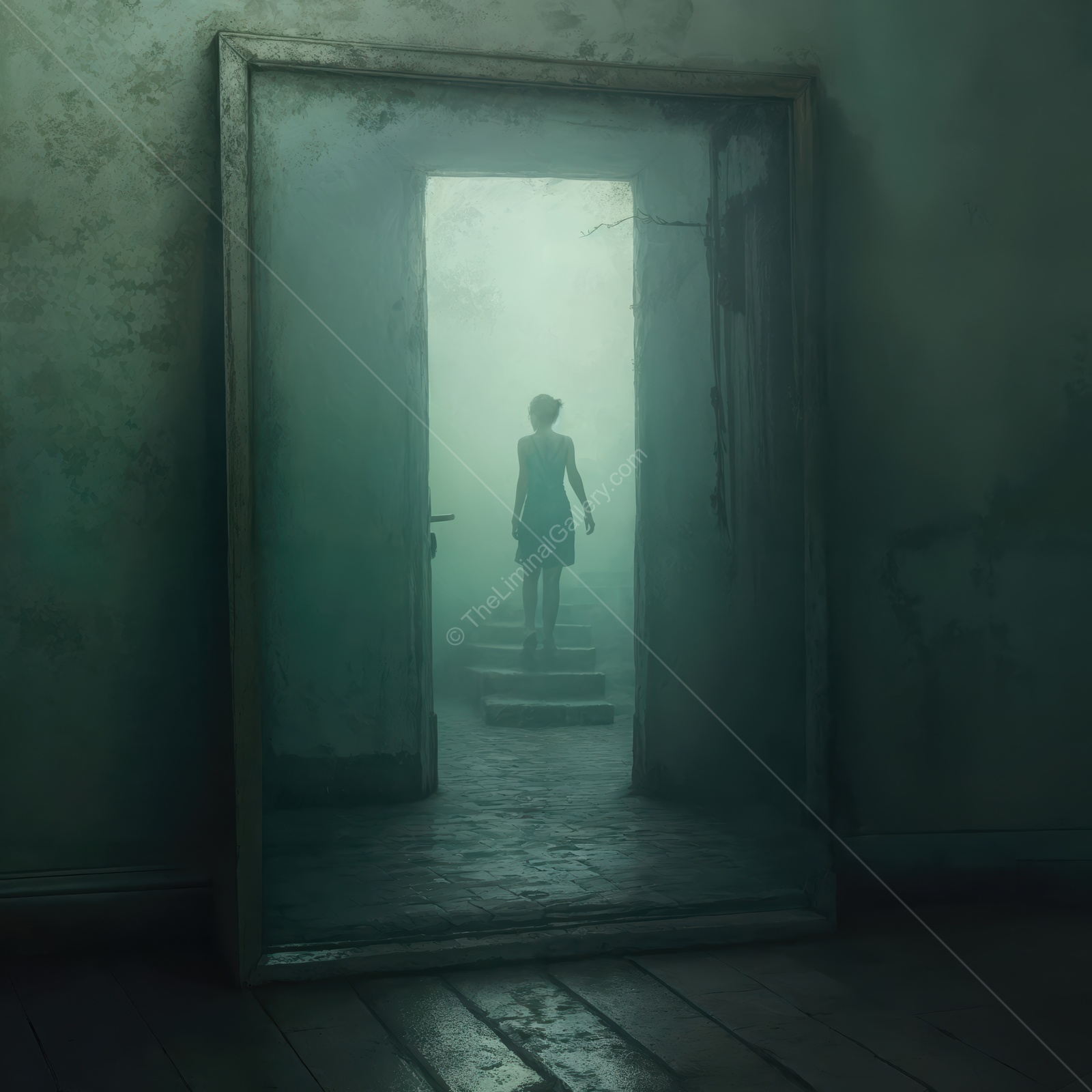 Mysterious figure steps through foggy doorway in an abandoned space with an eerie atmosphere