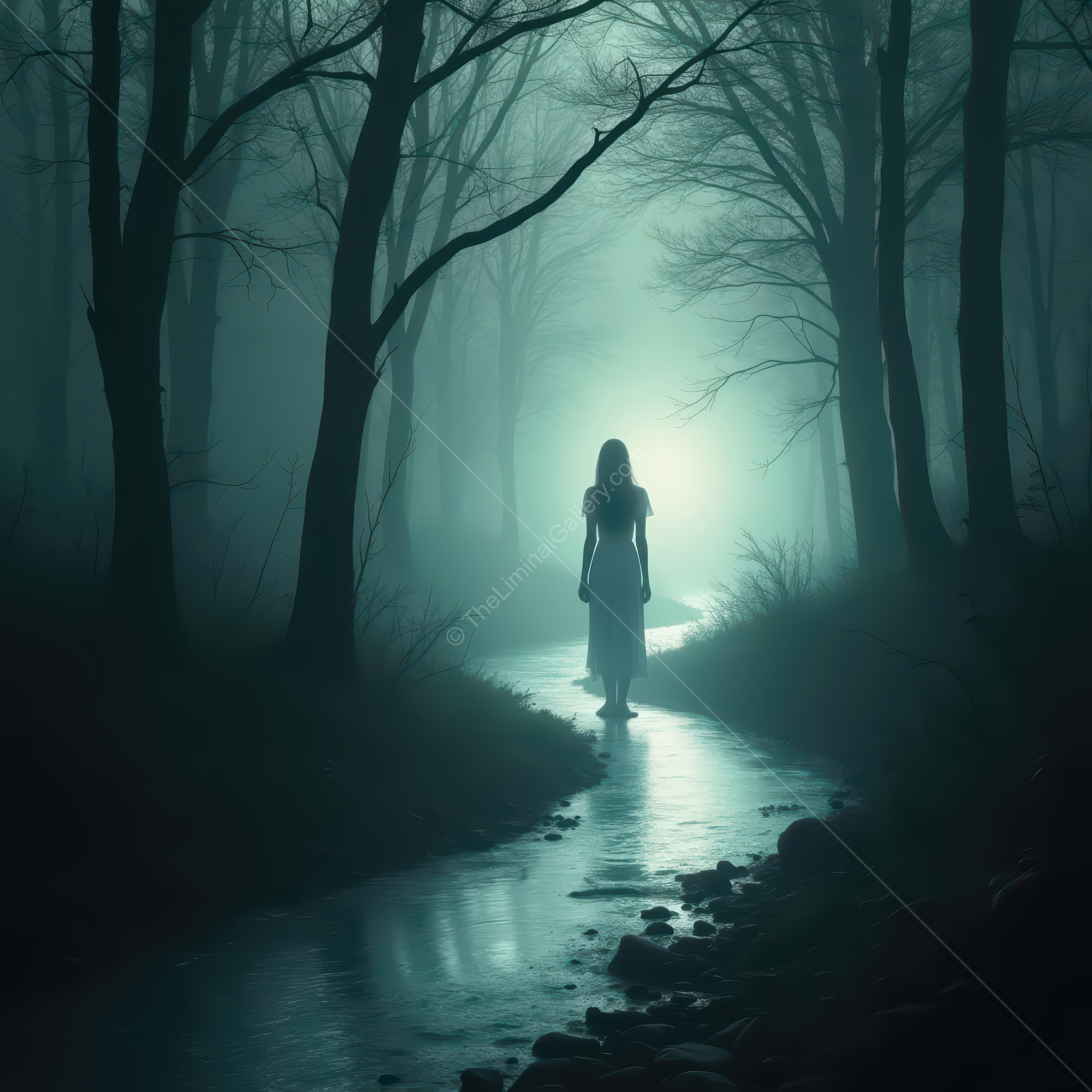 Mysterious figure walks down a foggy forest path under the moonlight at night, evoking intrigue and suspense