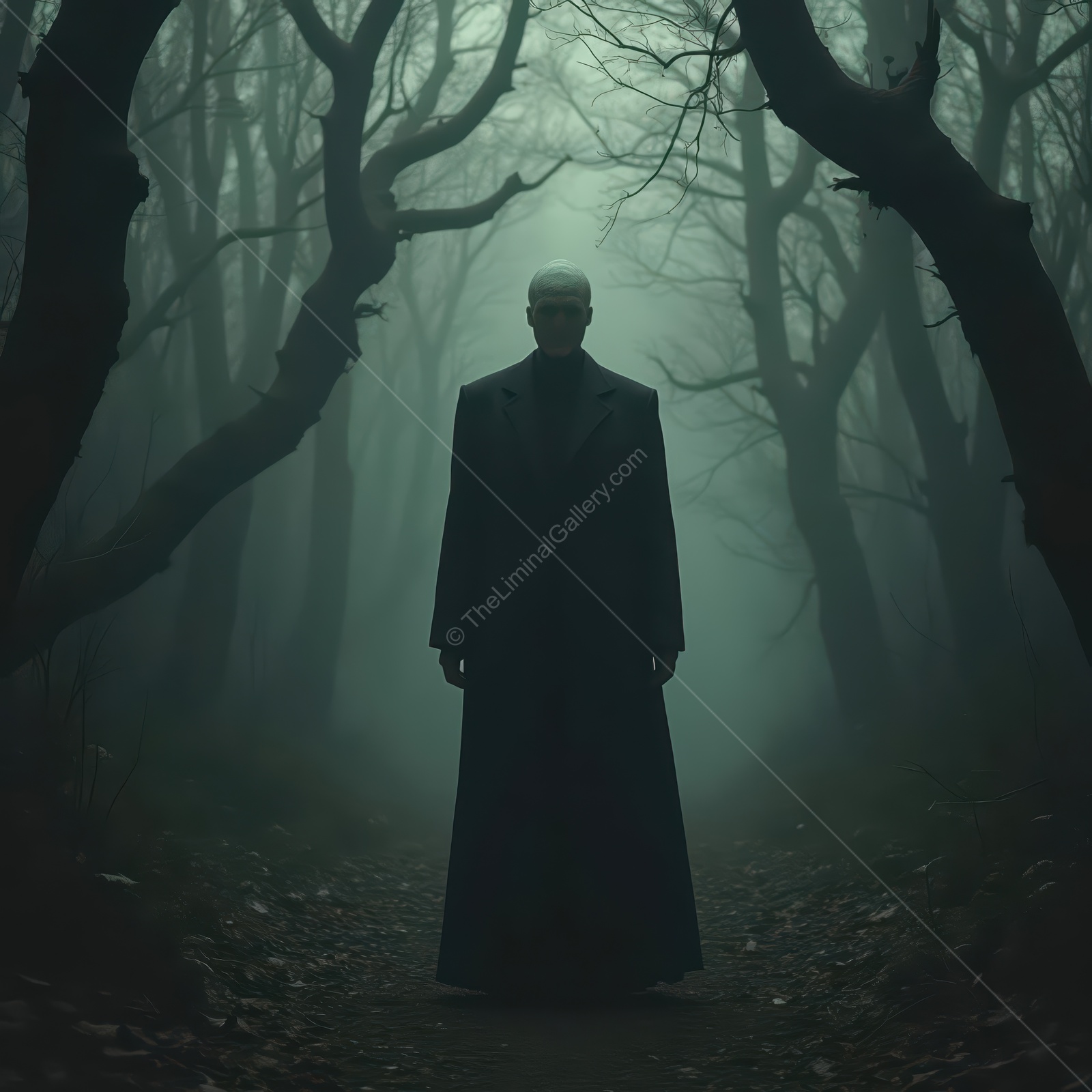 Mysterious figure stands in a foggy forest under a haunting atmosphere at dusk