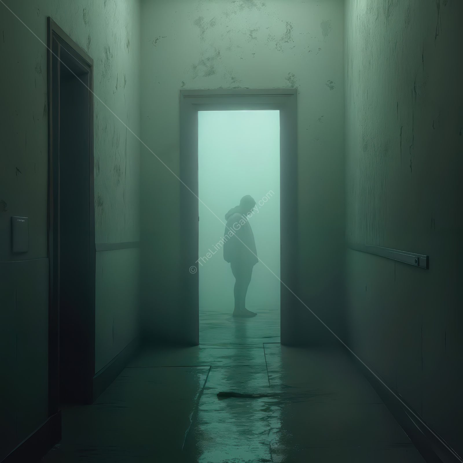 A mysterious figure stands in a foggy hallway, evoking feelings of intrigue and suspense in an abandoned building