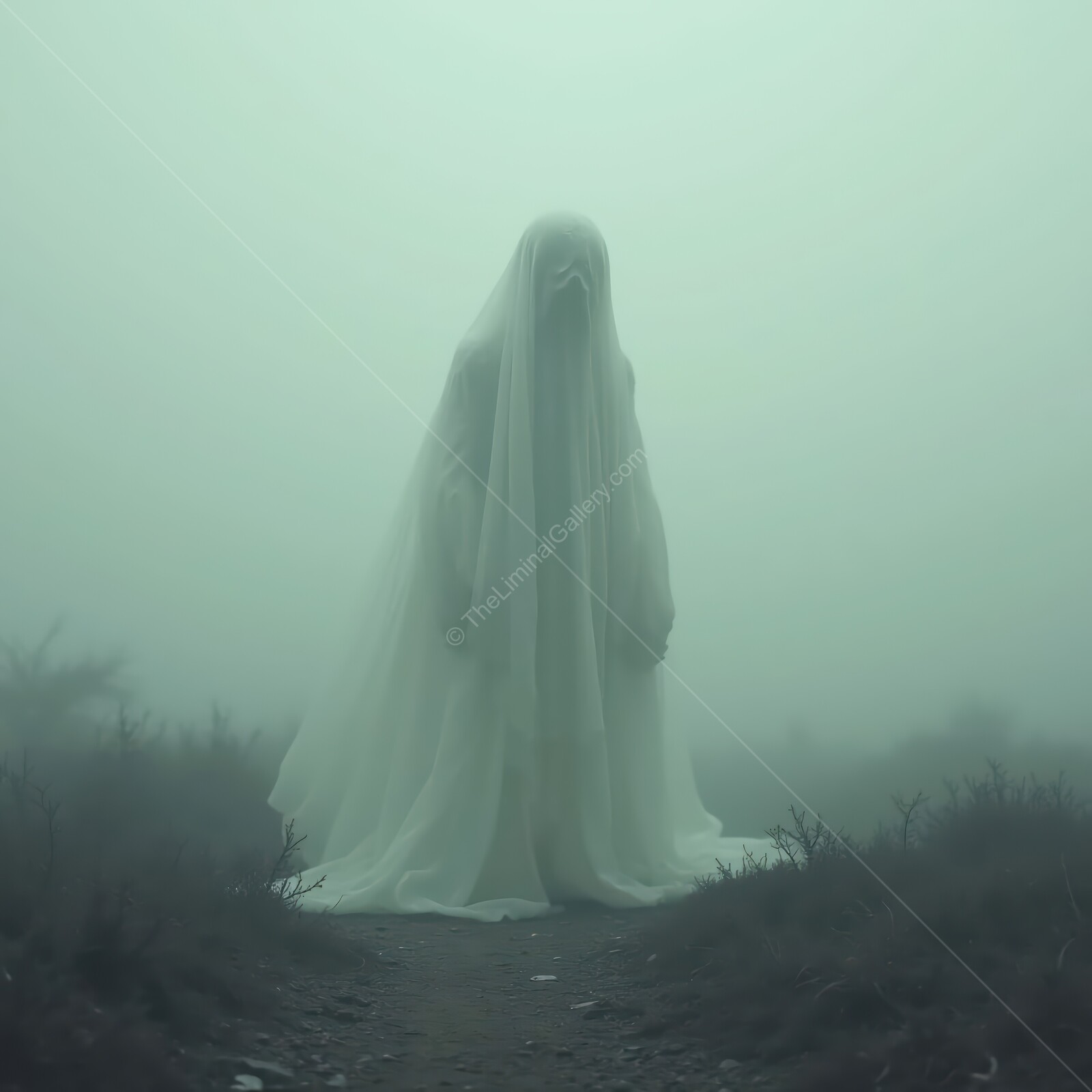 Foggy landscapes unveil a haunting ghost cloaked in white among desolate surroundings