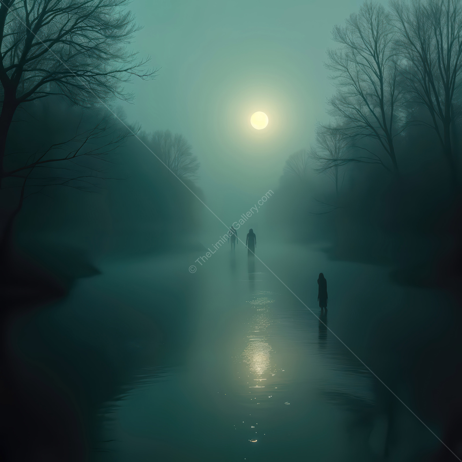 Mysterious figures wander through foggy water under a bright moonlight at dawn