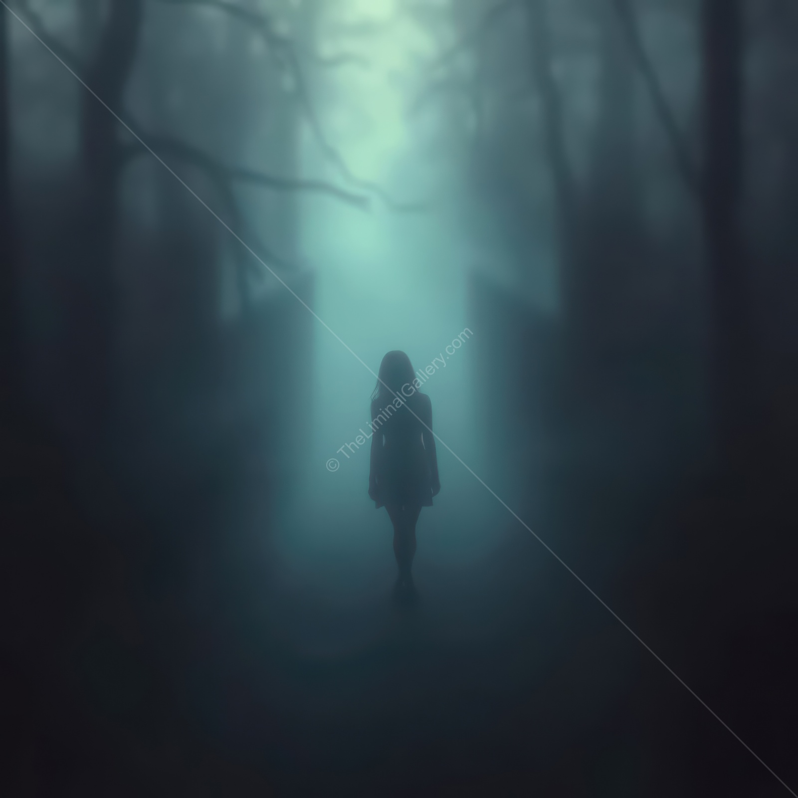 Mysterious figure walking through a foggy forest at twilight