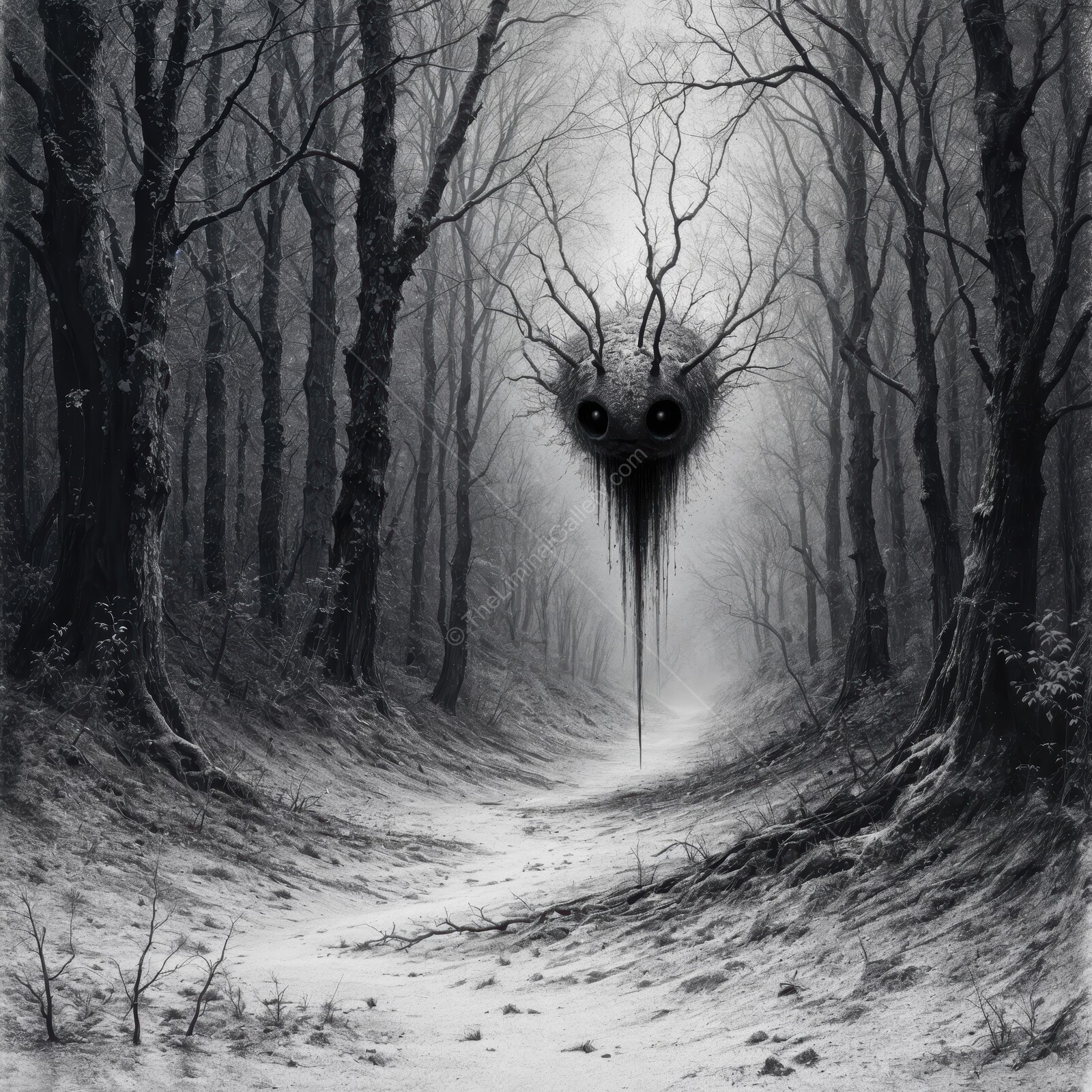 Foreboding forest path leads to a surreal creature in the eerie twilight