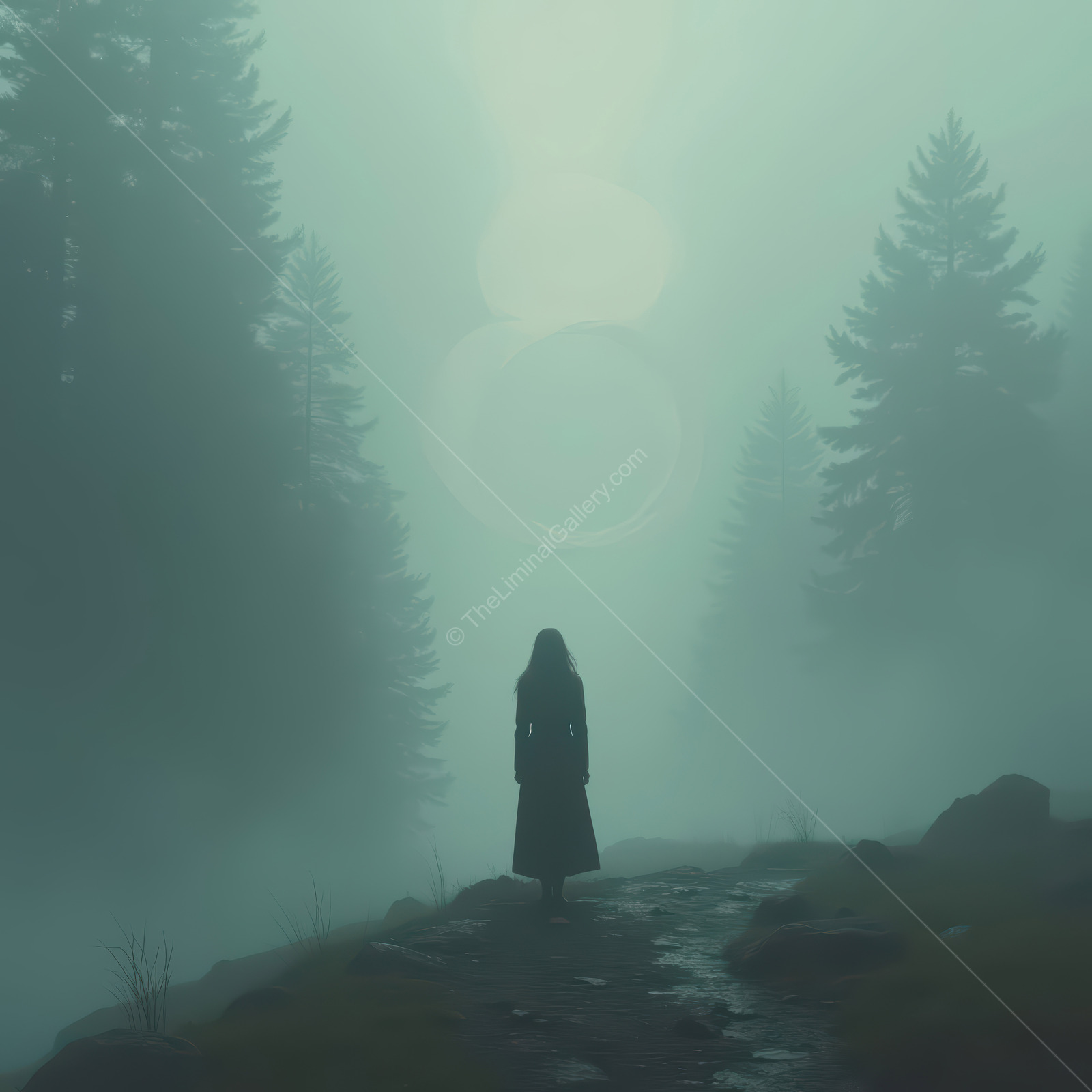 Mystical walking through the fog in a forest at dawn reveals an aura of mystery and solitude