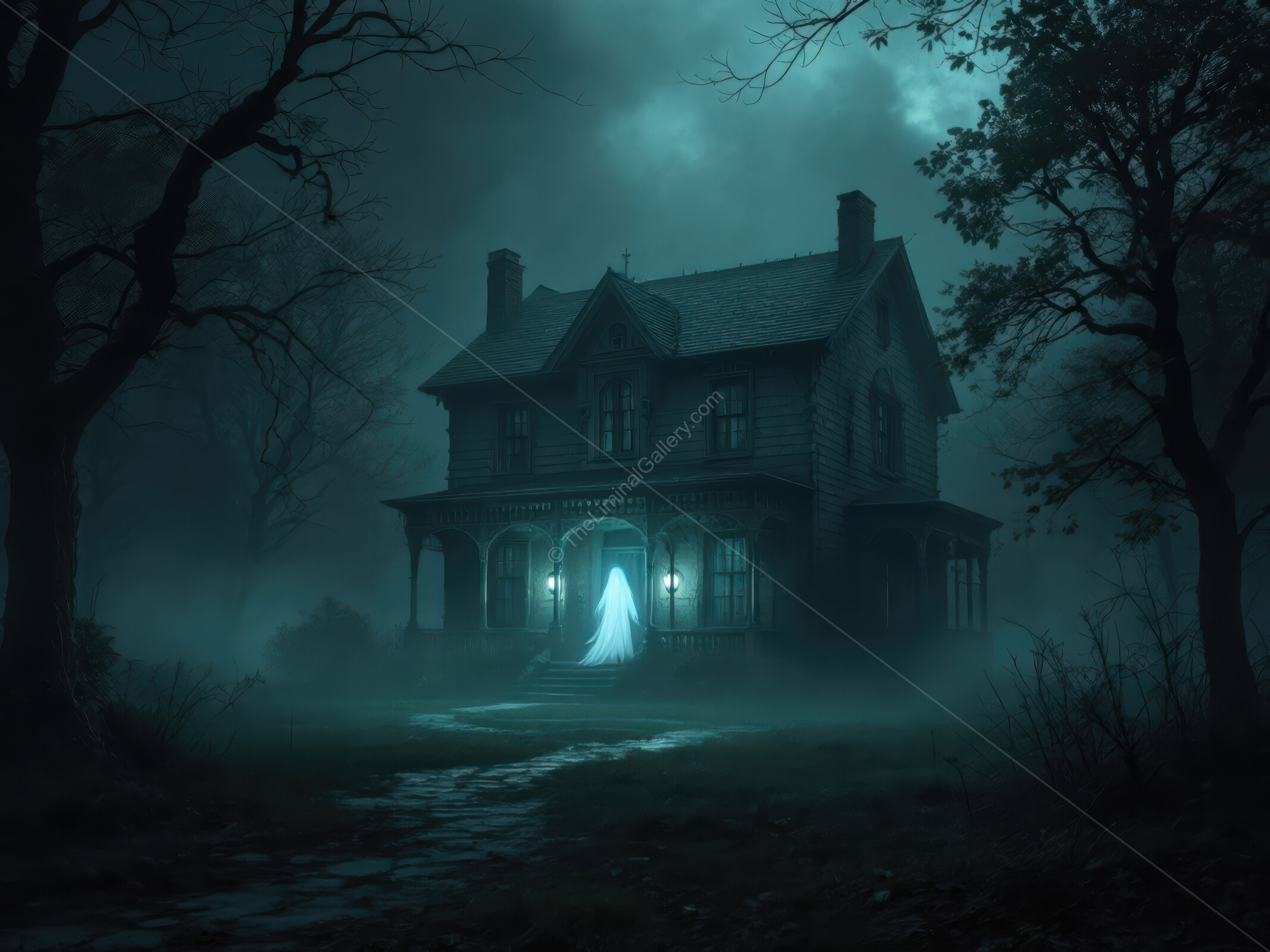 Eerie ghostly figure approaches an abandoned mansion in a misty twilight landscape
