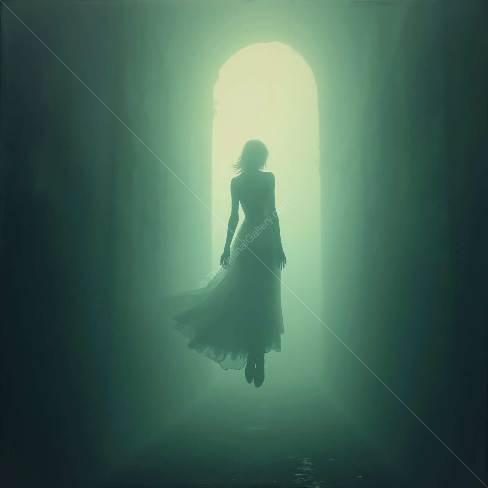 Ghostly figure hovers in an eerie corridor of forgotten dreams and shadows at twilight