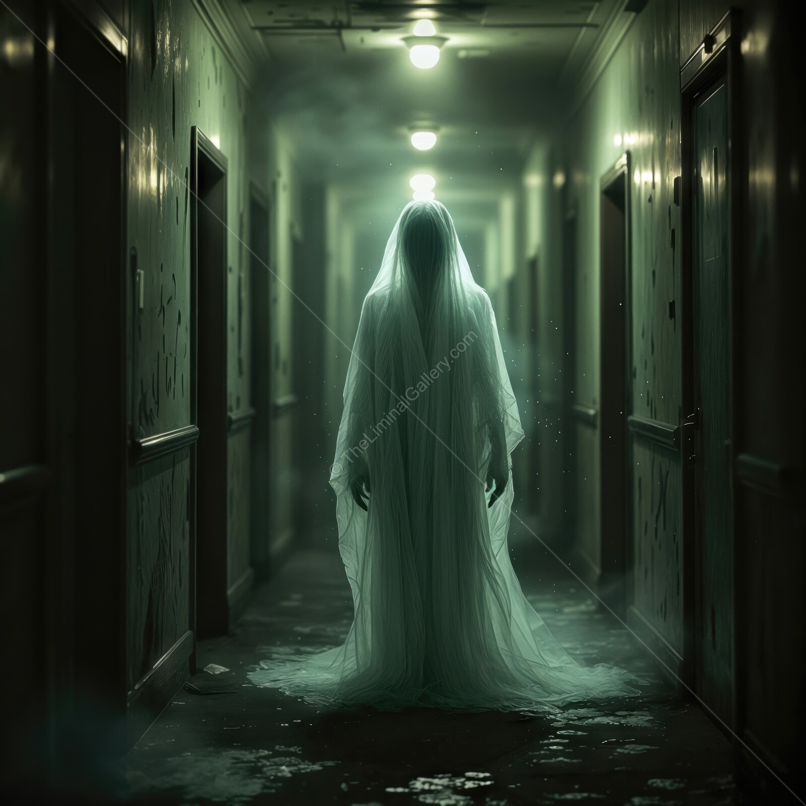 Ghostly figure in an eerie hotel corridor captures the essence of liminal horror at dusk