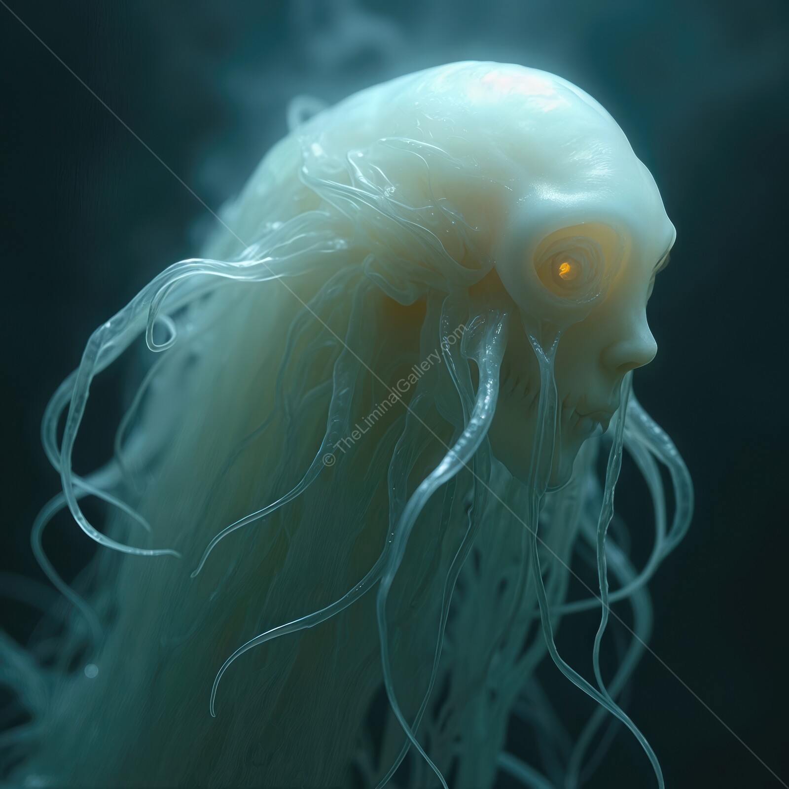 Eerie encounter with a ghostly figure amidst shadowy depths of liminal horror at twilight