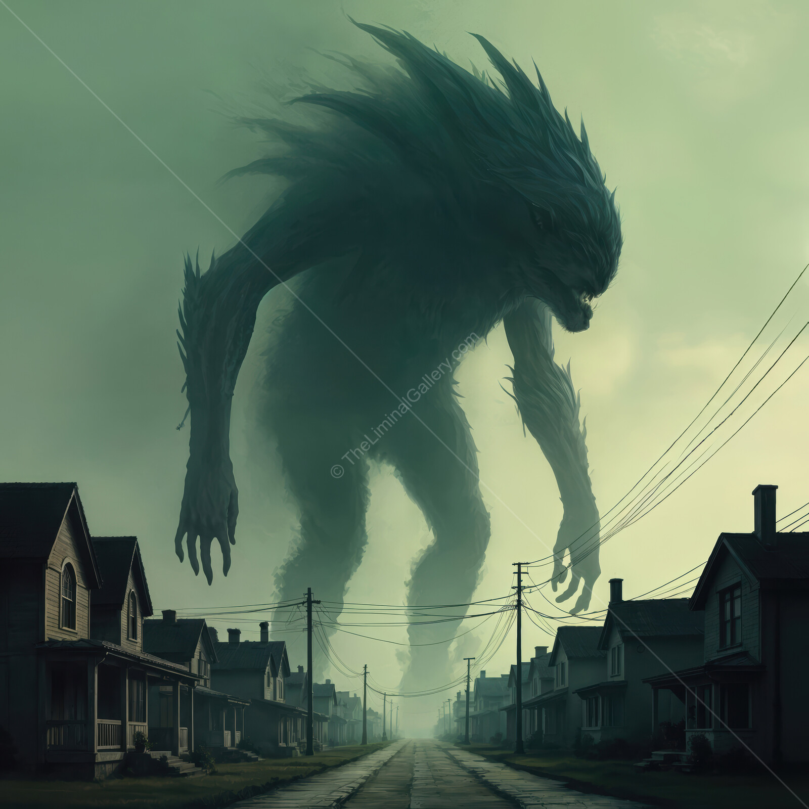 Strange gigantic monster looms over an abandoned neighborhood engulfed in eerie twilight