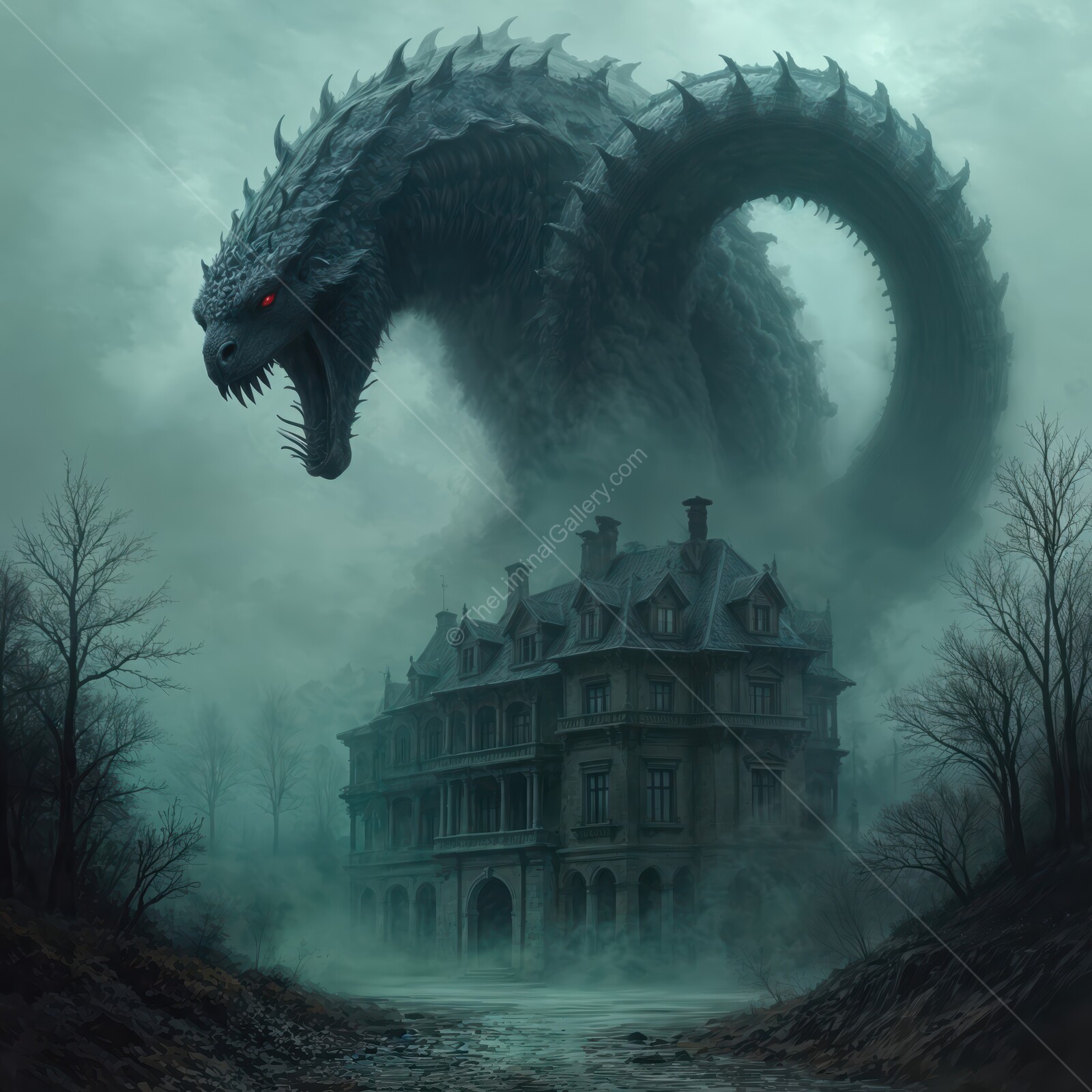 Giant serpent-like creature looms over haunted mansion in a foggy, unsettling landscape at dusk