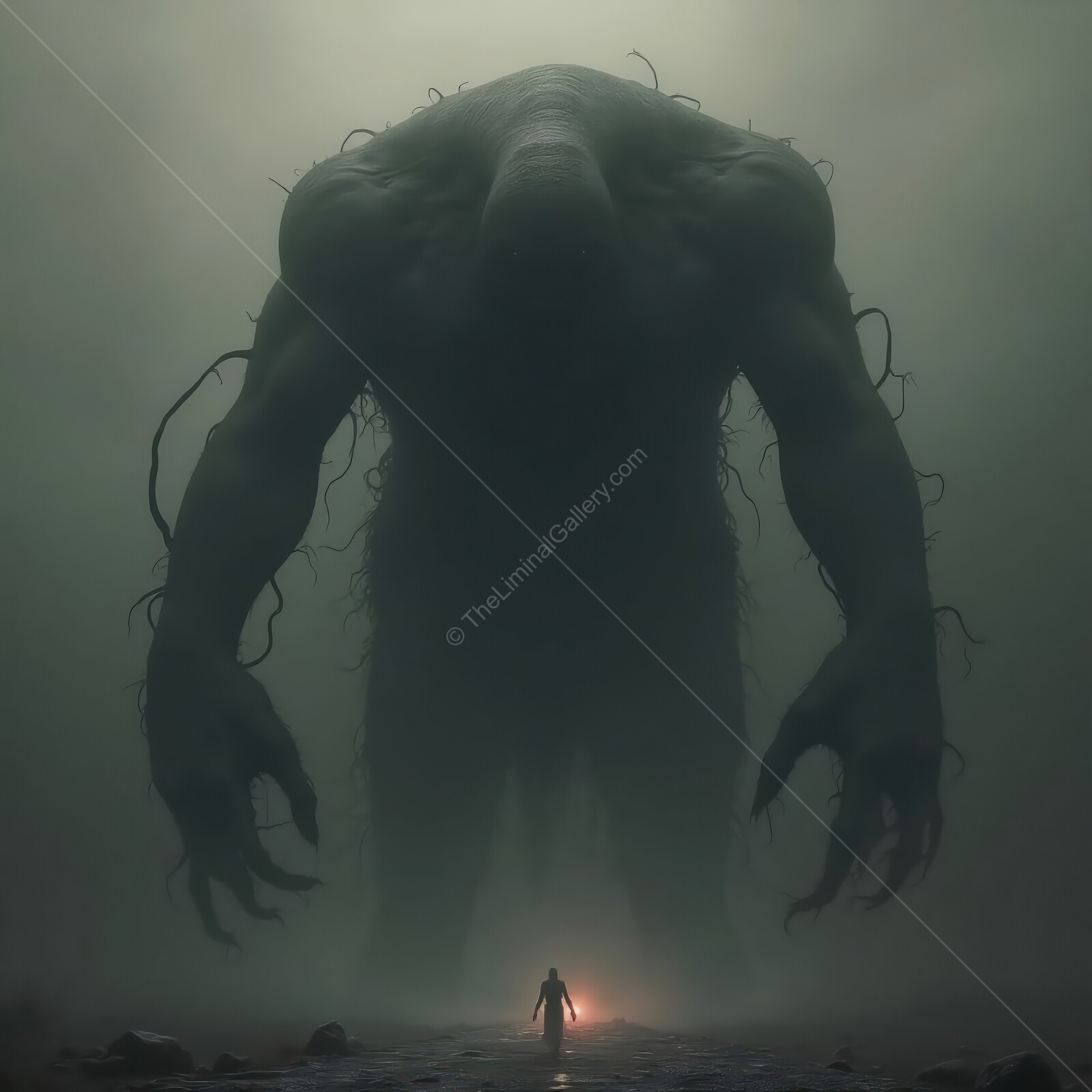 Lurking in the shadows, an unsettling encounter with a giant unfolds in a surreal, eerie landscape at twilight