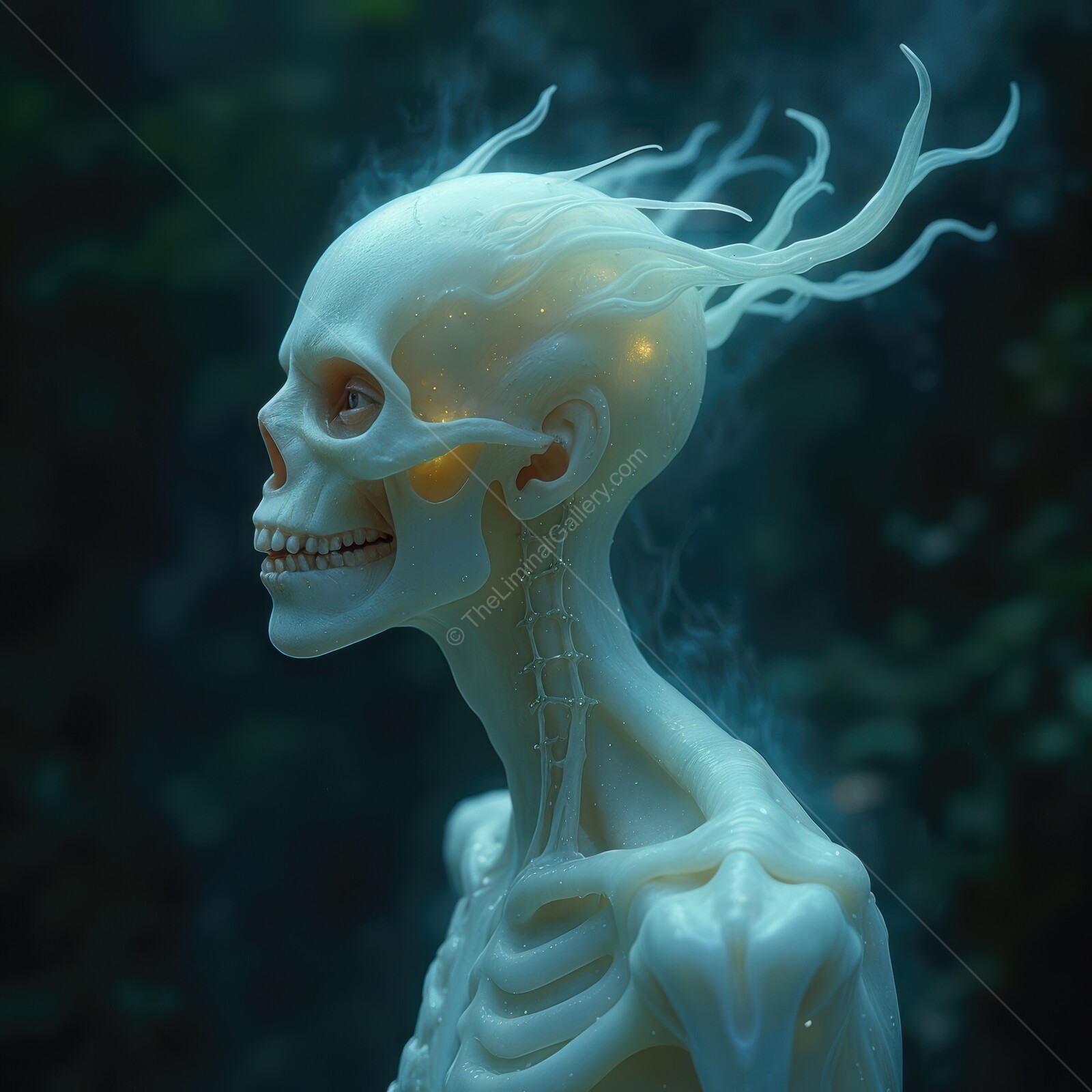 Eerie glowing skeleton emerges from the shadows in a misty, haunted forest at dusk