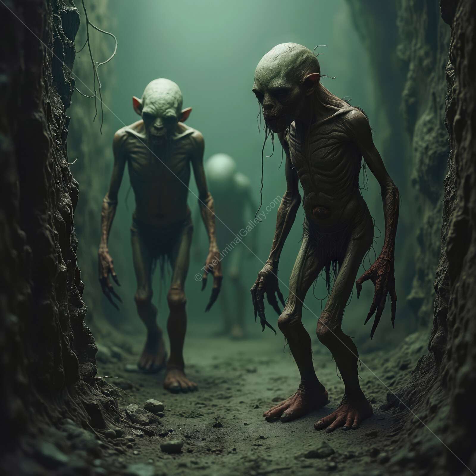 Unearthly gremlin figures wander through shadowy tunnels in an unsettling liminal space at twilight