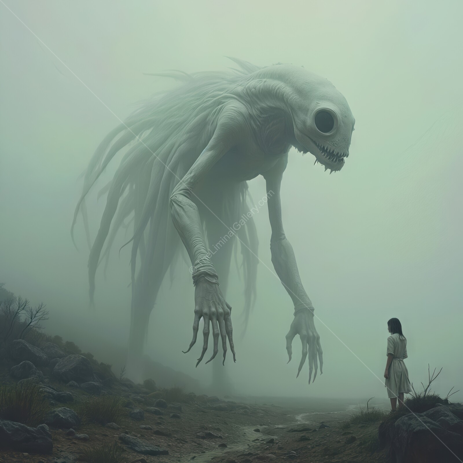 Encounter between fear and innocence in a liminal realm under a ghostly haze