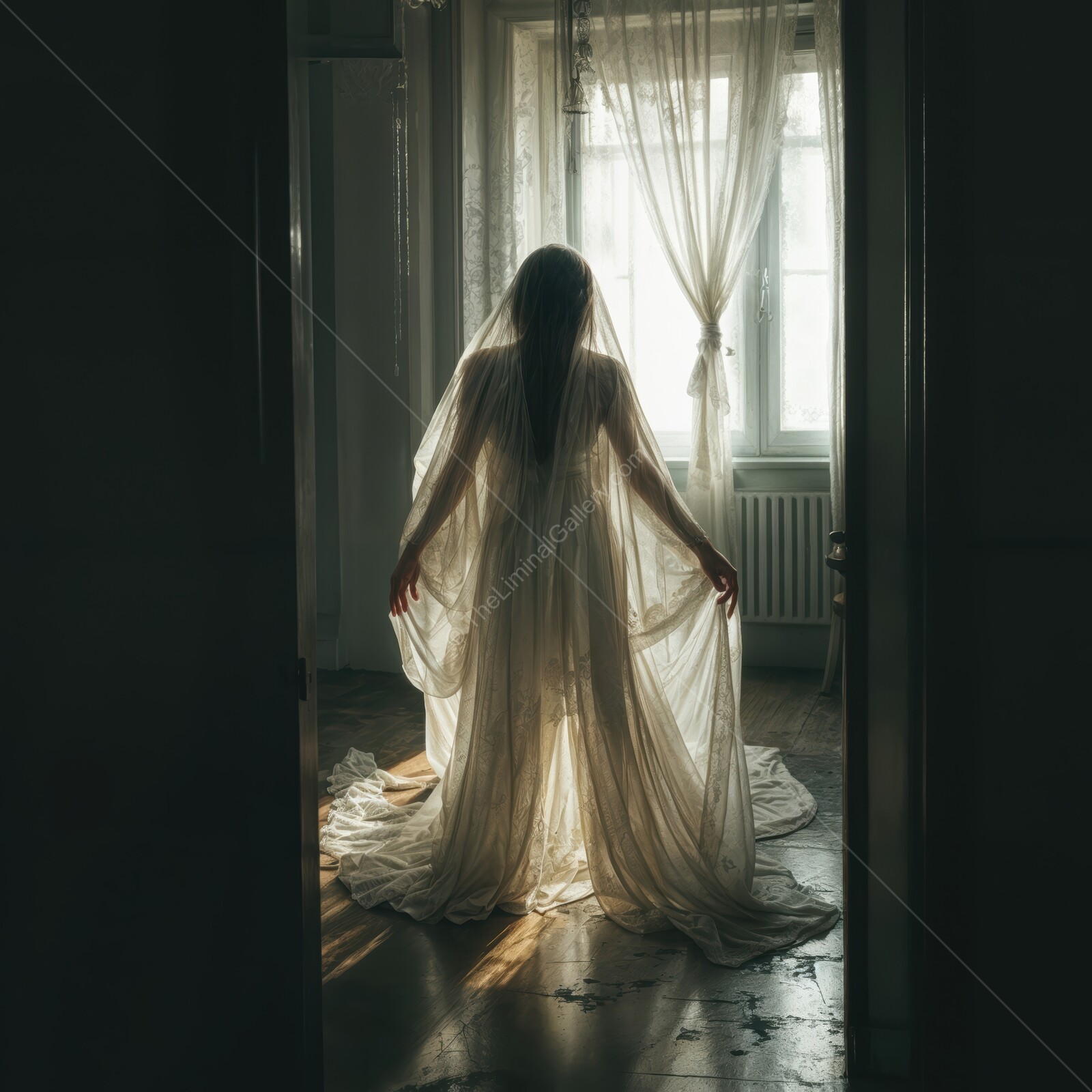 Eerie figure in haunting dress stands alone in a dimly lit room filled with shadows and whispers of forgotten stories