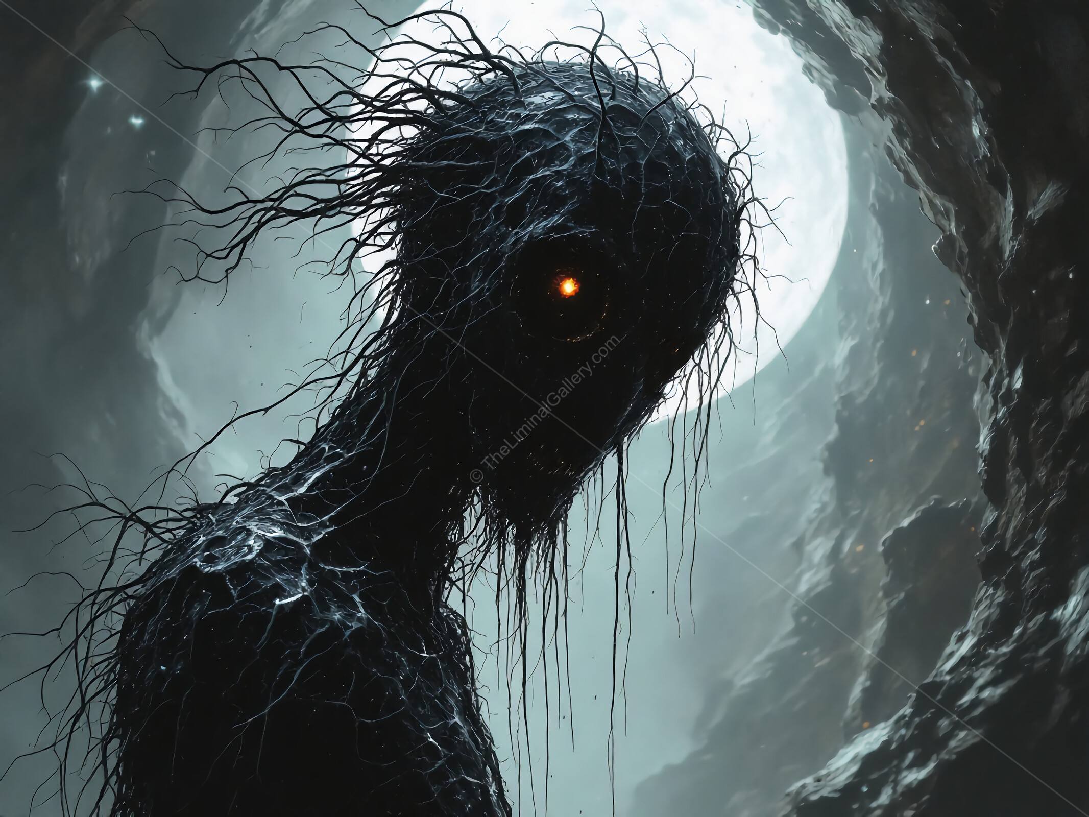 A haunting entity emerges from the depths in a surreal landscape under a pale moonlight