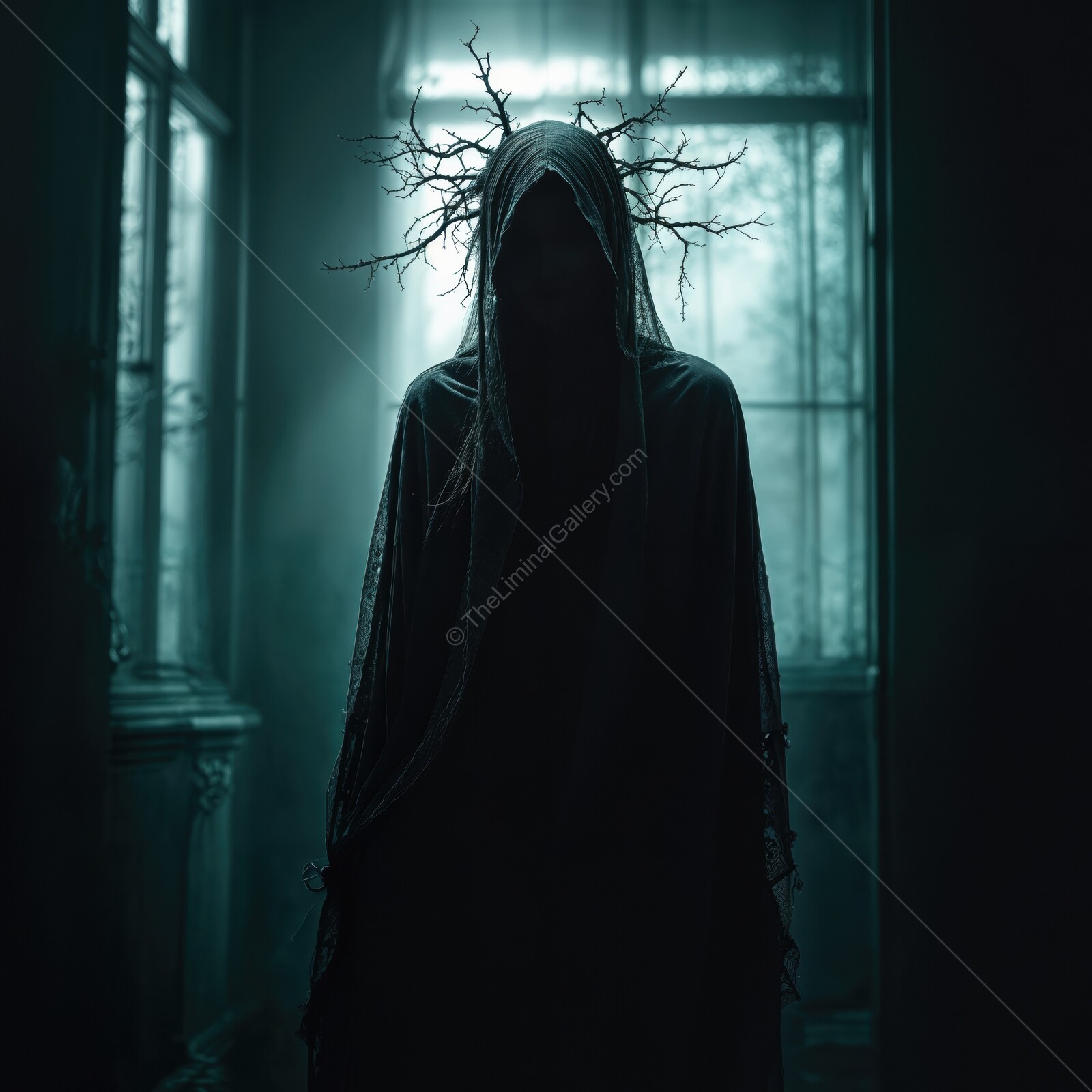 Haunting figure cloaked in shadows navigates an eerie abandoned building filled with a sense of dread