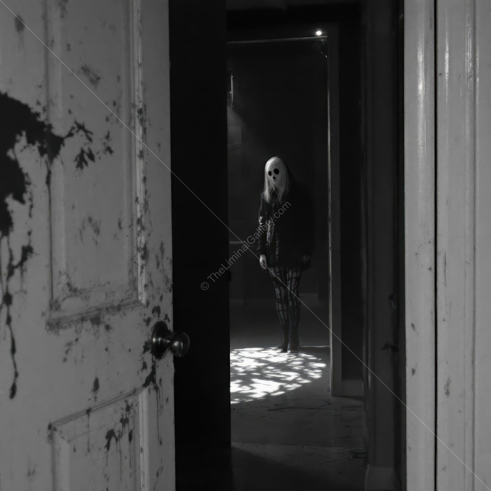 Haunting figure emerges from shadows in an unsettling corridor of an abandoned building