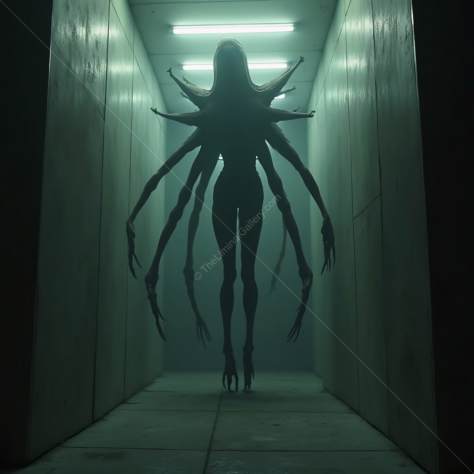 Eerie encounter with a liminal horror figure in a dimly lit corridor at twilight