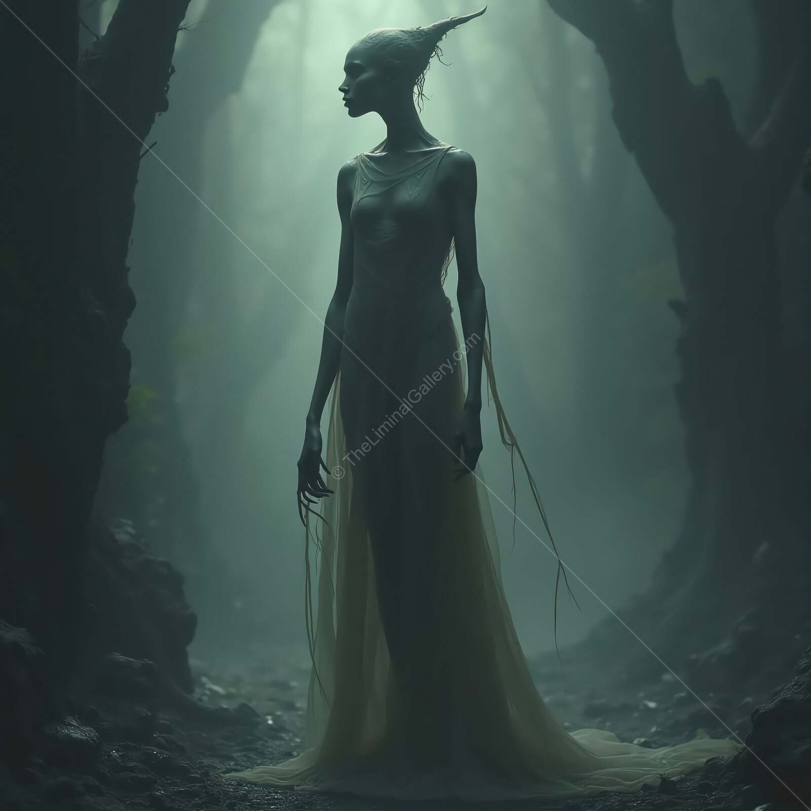 Whispers in the fog reveal a haunting figure standing in an eerie forest at twilight