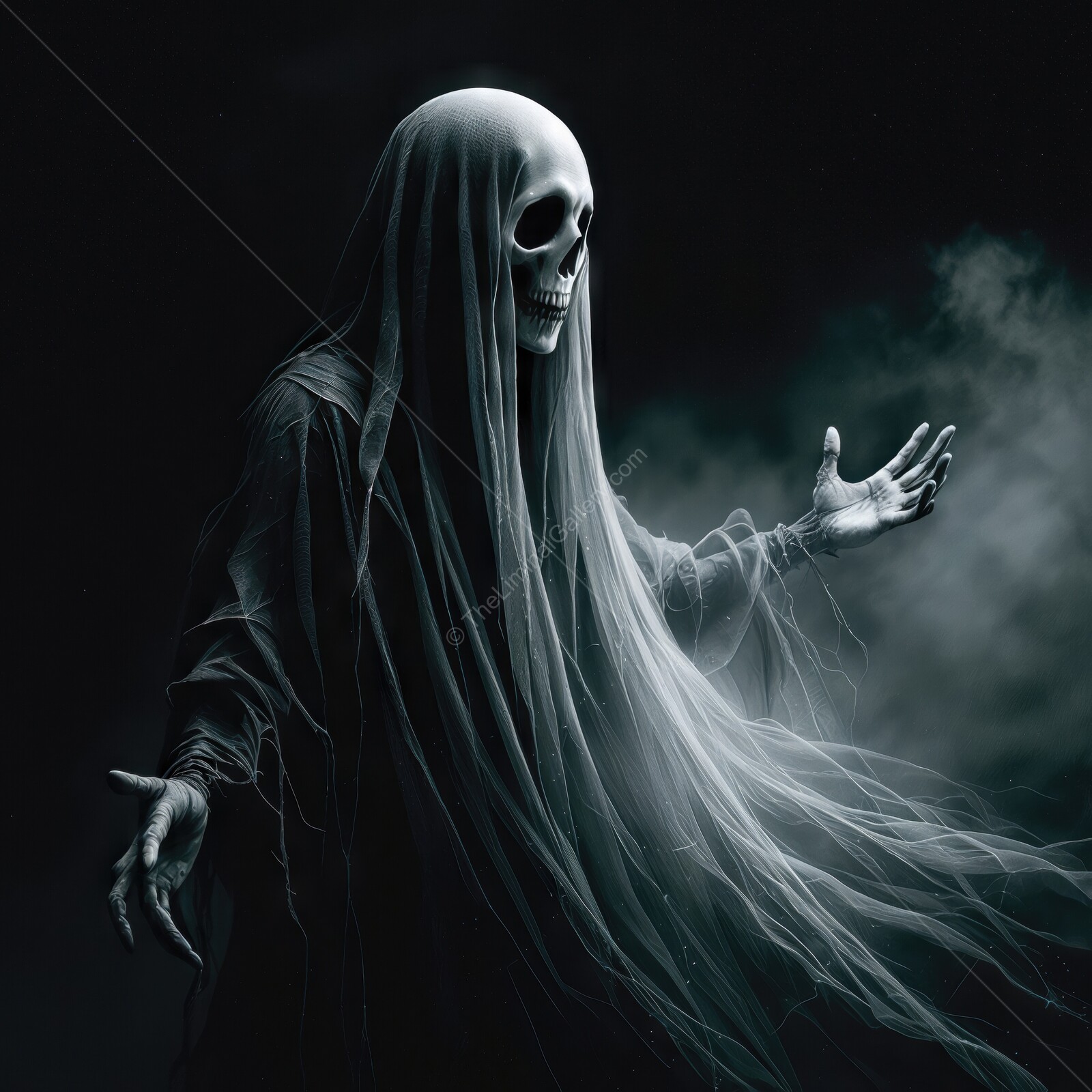 Beneath the veil of shadows, a haunting figure emerges in a realm between dreams and nightmares