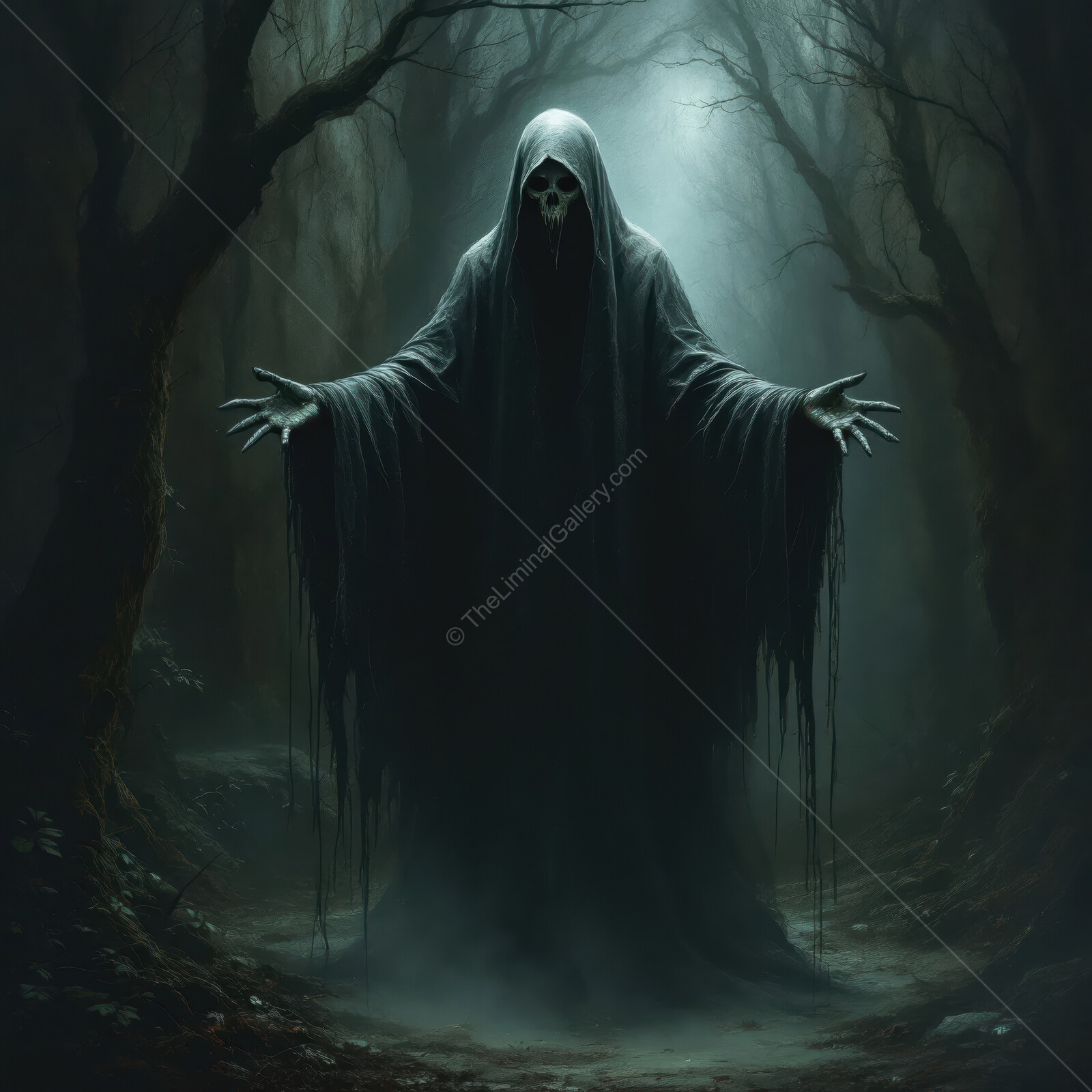 Haunting figure in a shadowy forest under an eerie moonlight