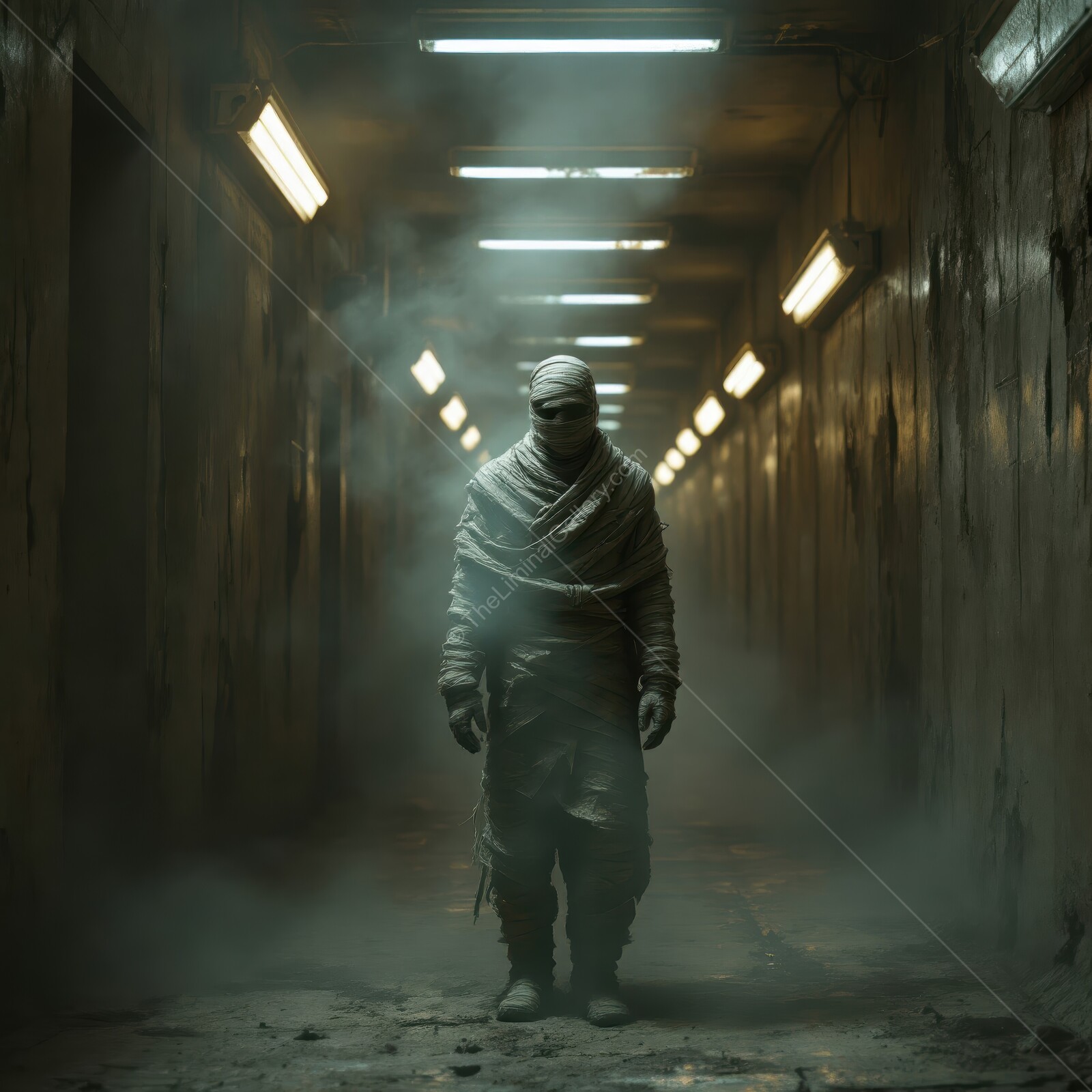 Haunting mummy emerges from darkness in a deserted hallway of terror and unease