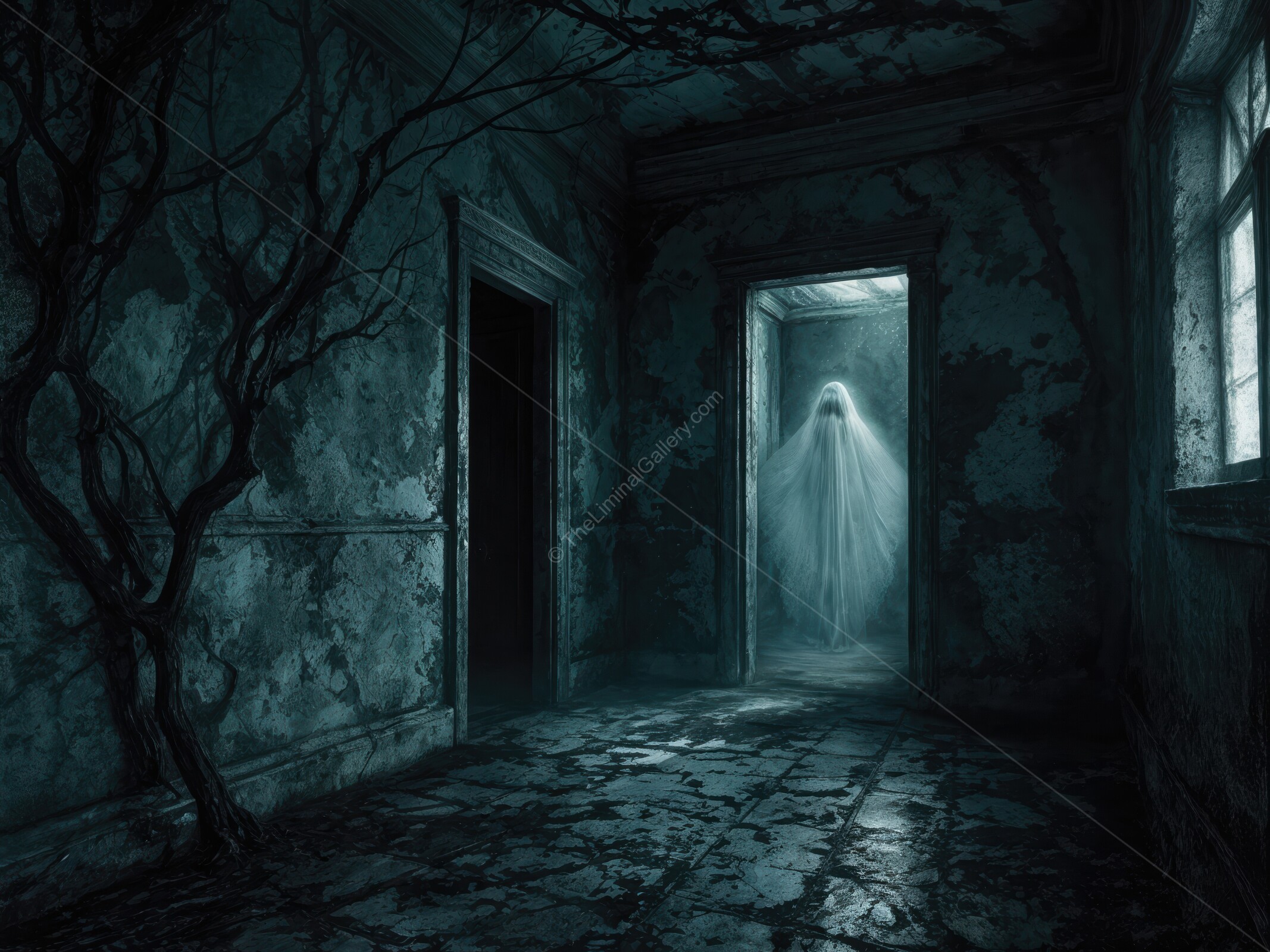 Haunting presence in an abandoned corridor reveals liminal horror at twilight