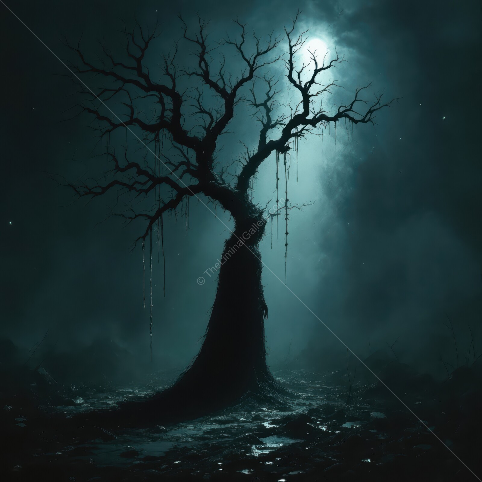Haunting silhouette of a gnarled tree under a full moon in a foggy, eerie landscape that evokes liminal horror