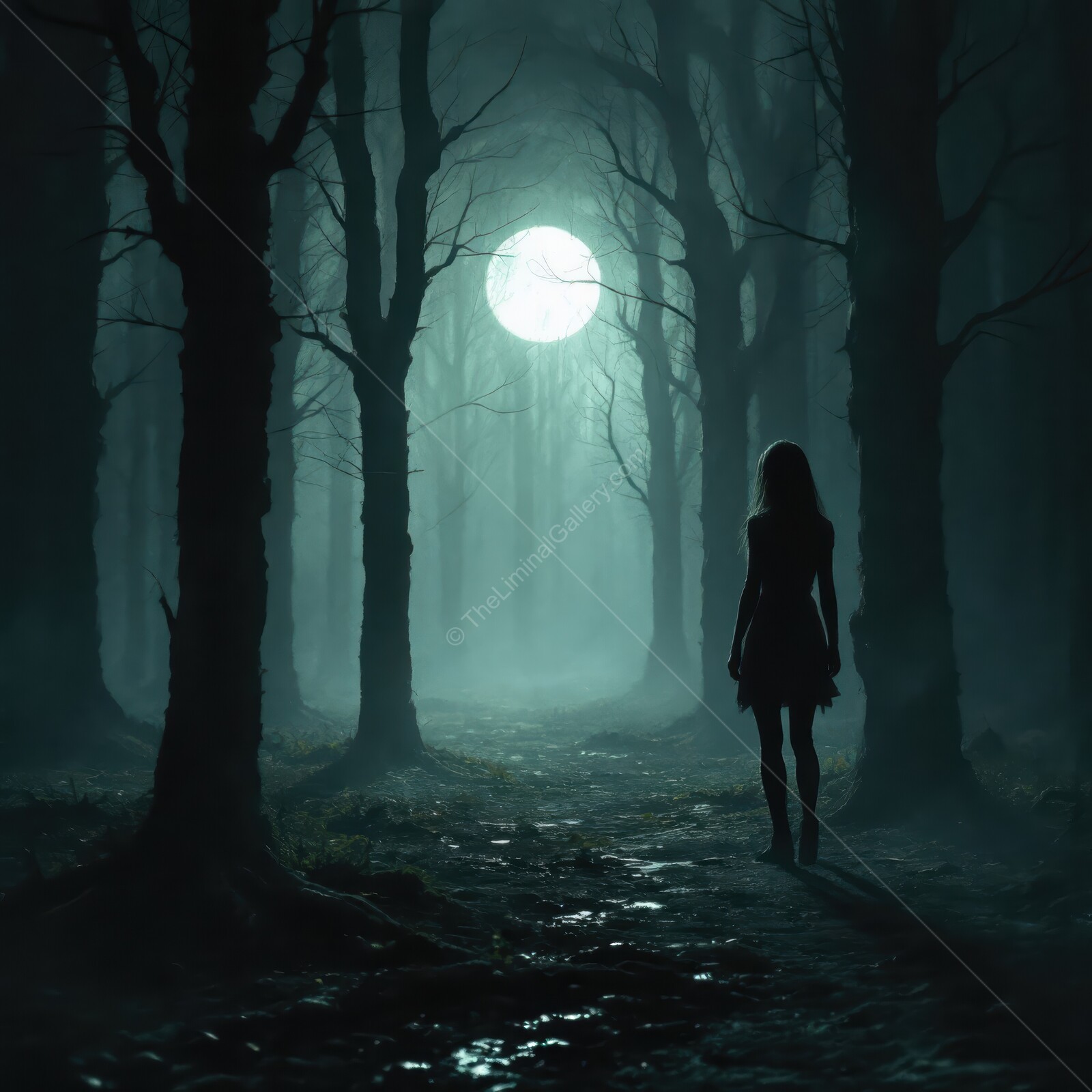Haunting silhouette walks through misty forest under eerie full moonlight