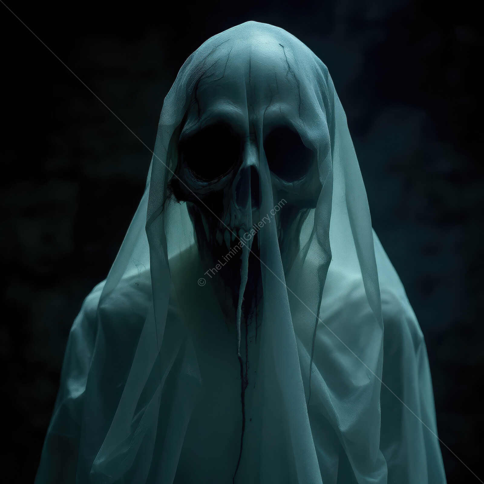 Haunting skeleton emerges from the shadows with a ghostly visage and eerie atmosphere in abandoned location