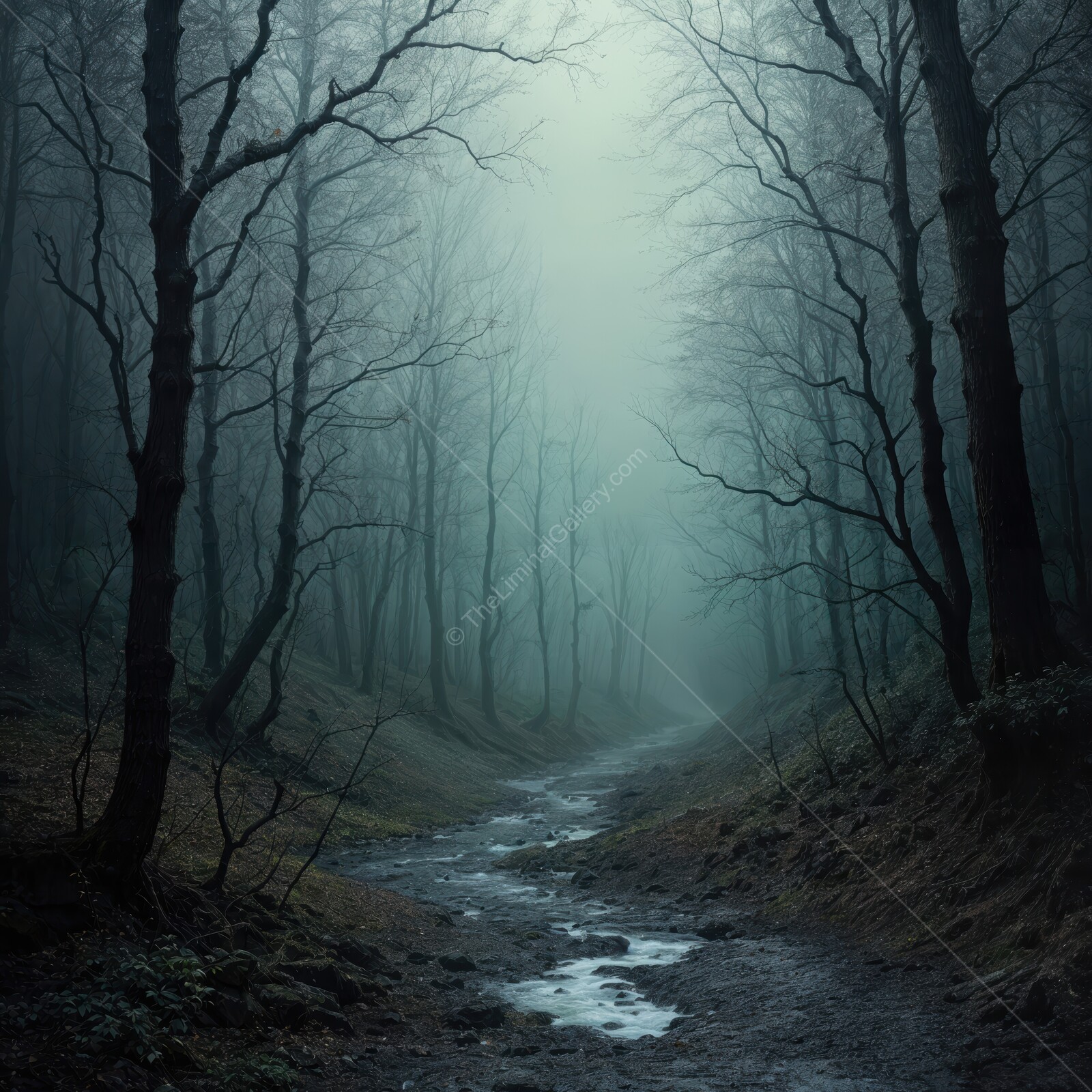 Haunting trail through misty woods evokes feelings of unease and dread at twilight
