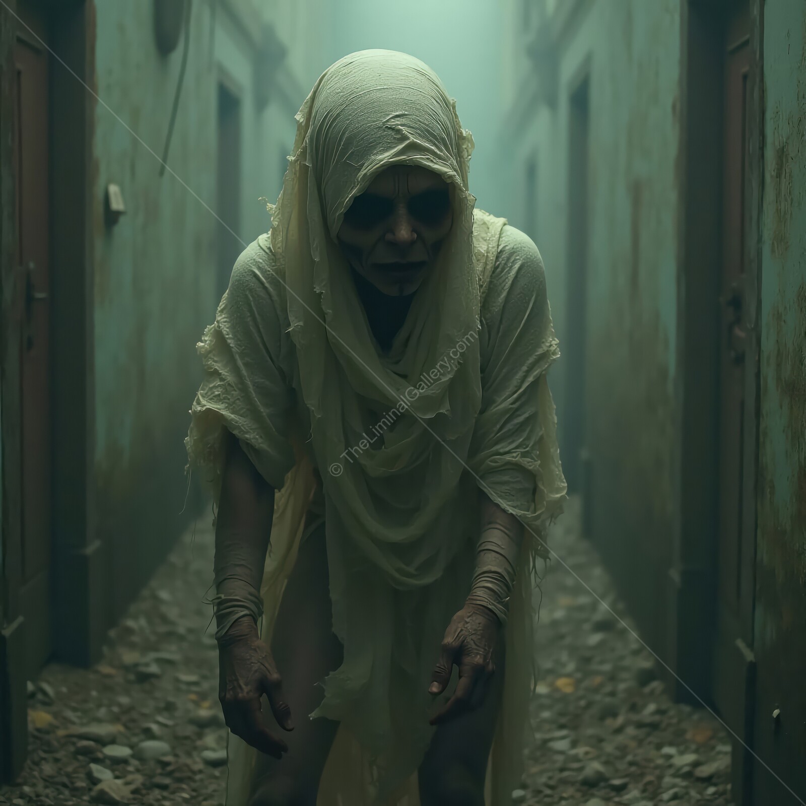 Haunting zombie emerges from a foggy corridor in an abandoned structure at dusk