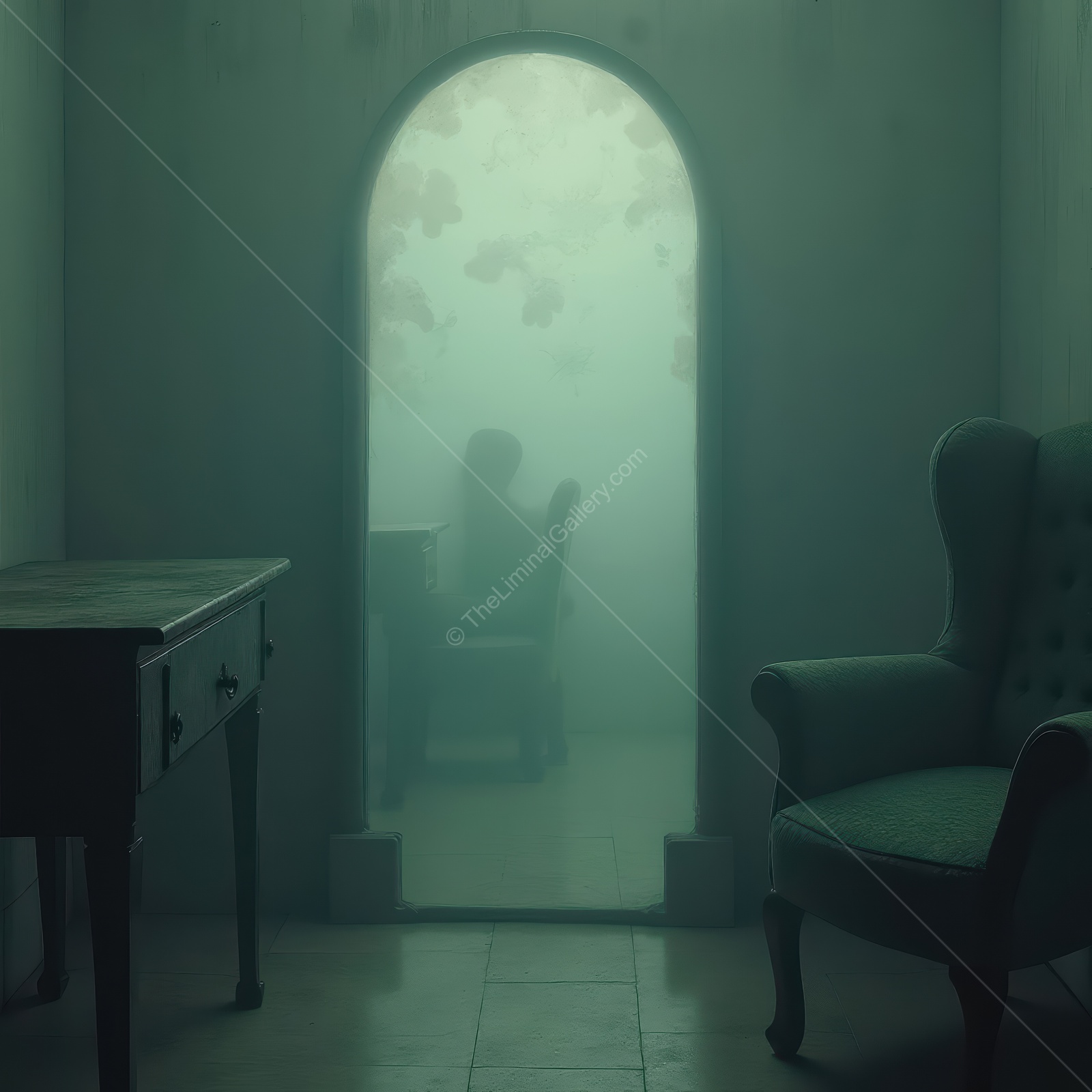 Mysterious figure in hazy room with vintage furniture creating an eerie atmosphere