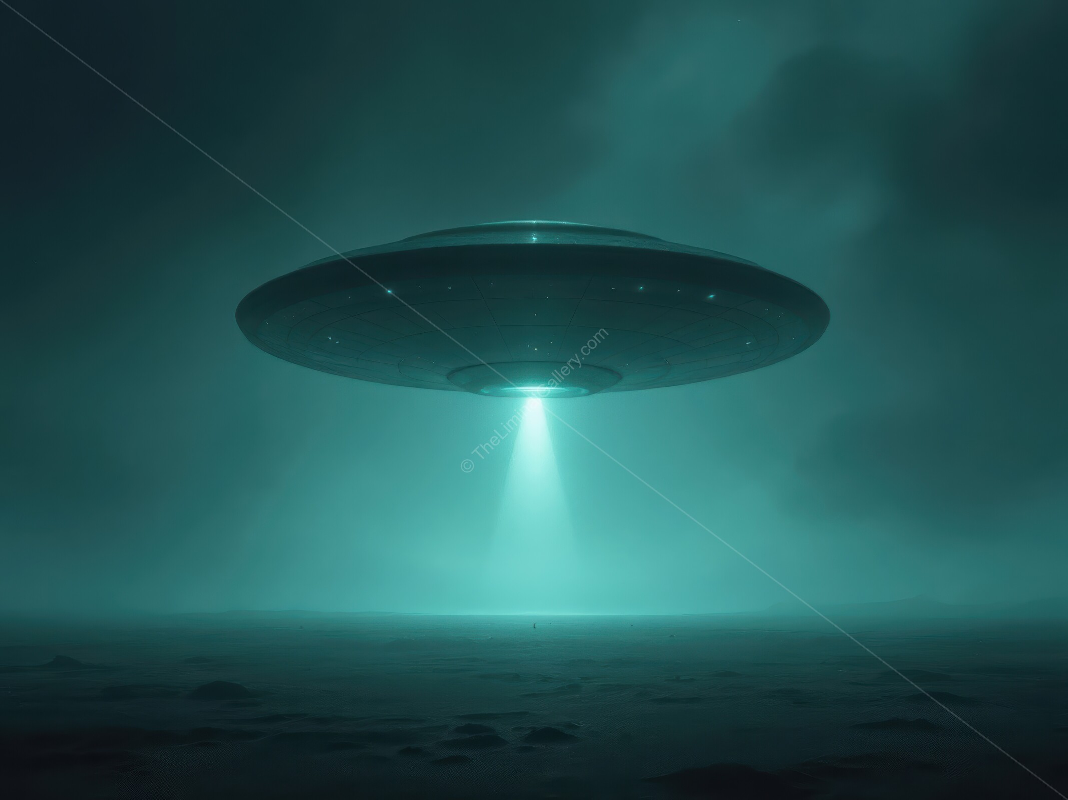 Mysterious hovering craft illuminates a dark, foggy landscape at dusk