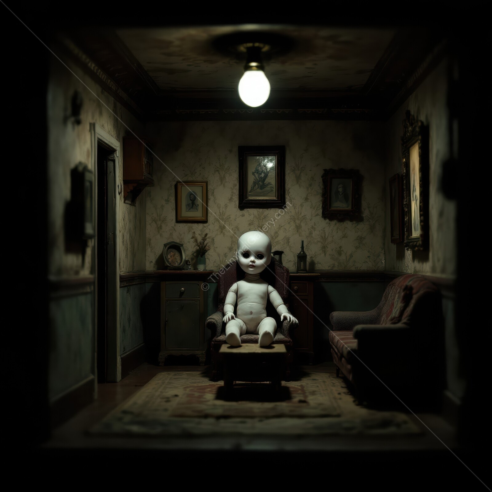Lifeless doll stares ominously from a dimly lit room steeped in liminal horror