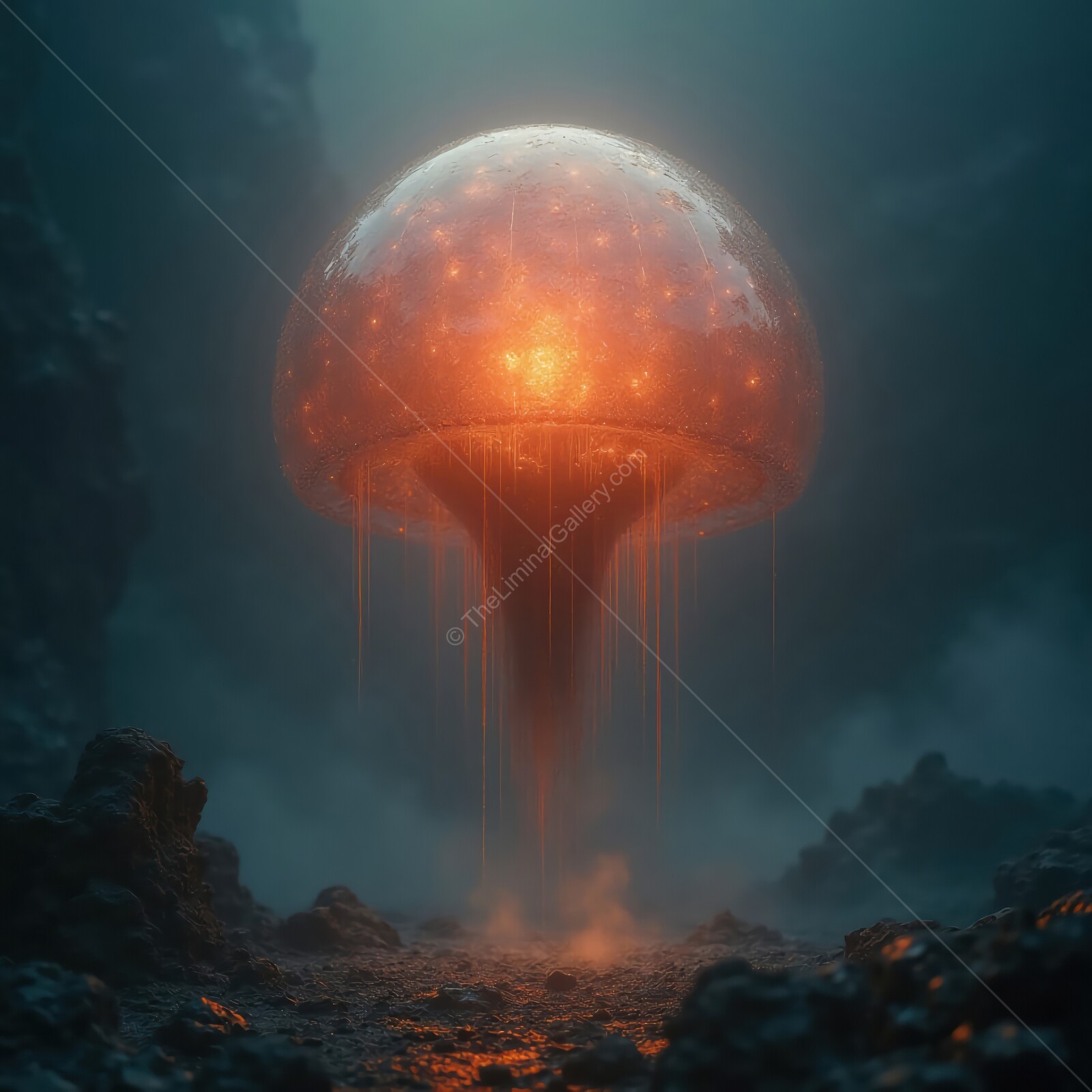 Eerie luminescent mushroom emerges from deep cave in unsettling twilight ambiance