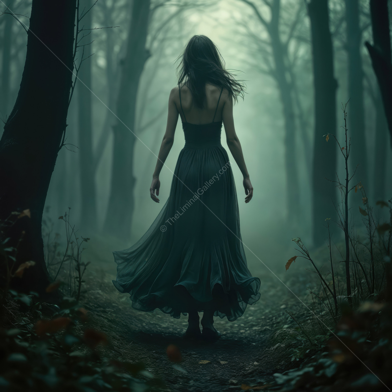 Mist rolls through an eerie forest as a woman in a flowing dress walks away from the viewer at twilight