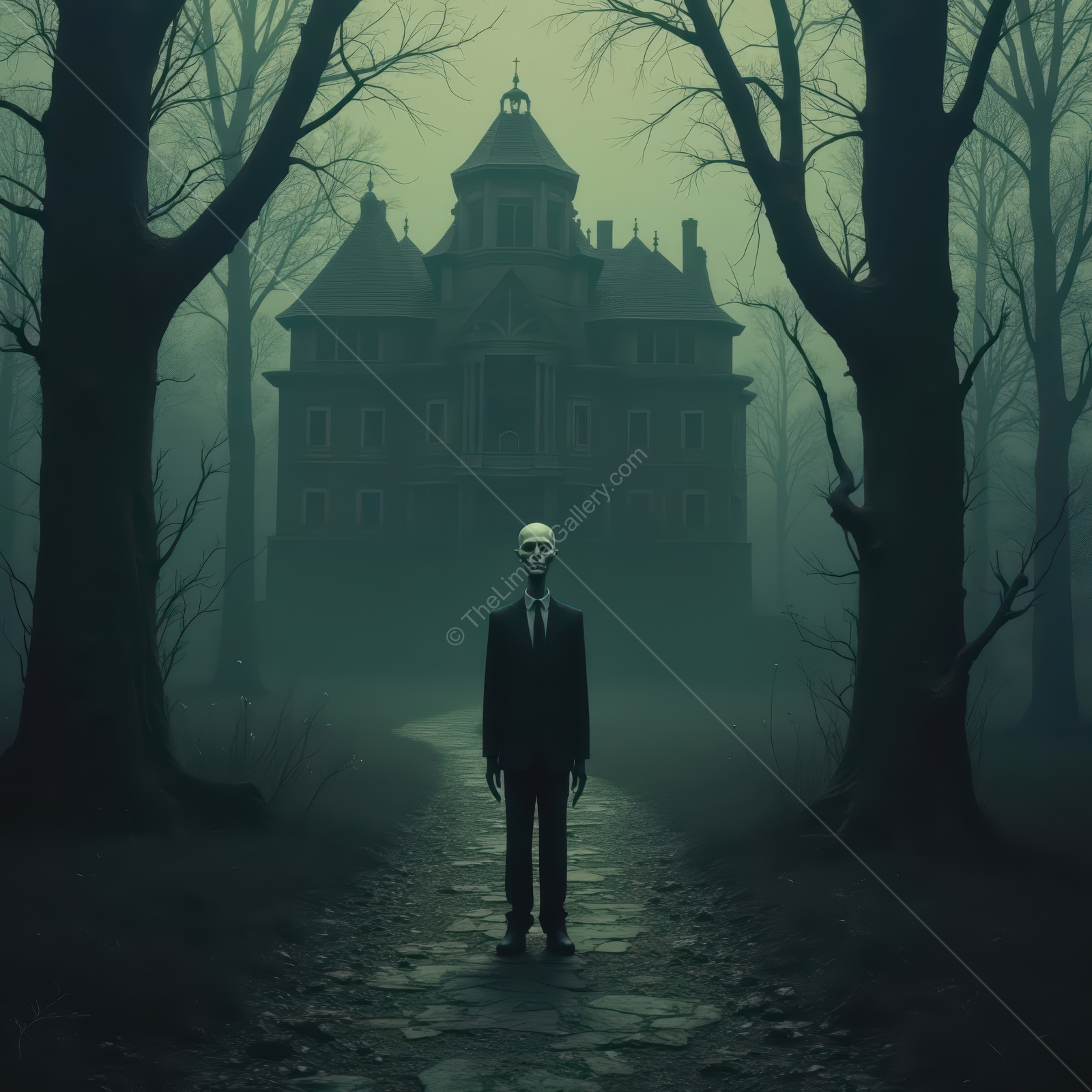 Mysterious figure stands on a misty path leading to an eerie mansion under a haunting twilight sky