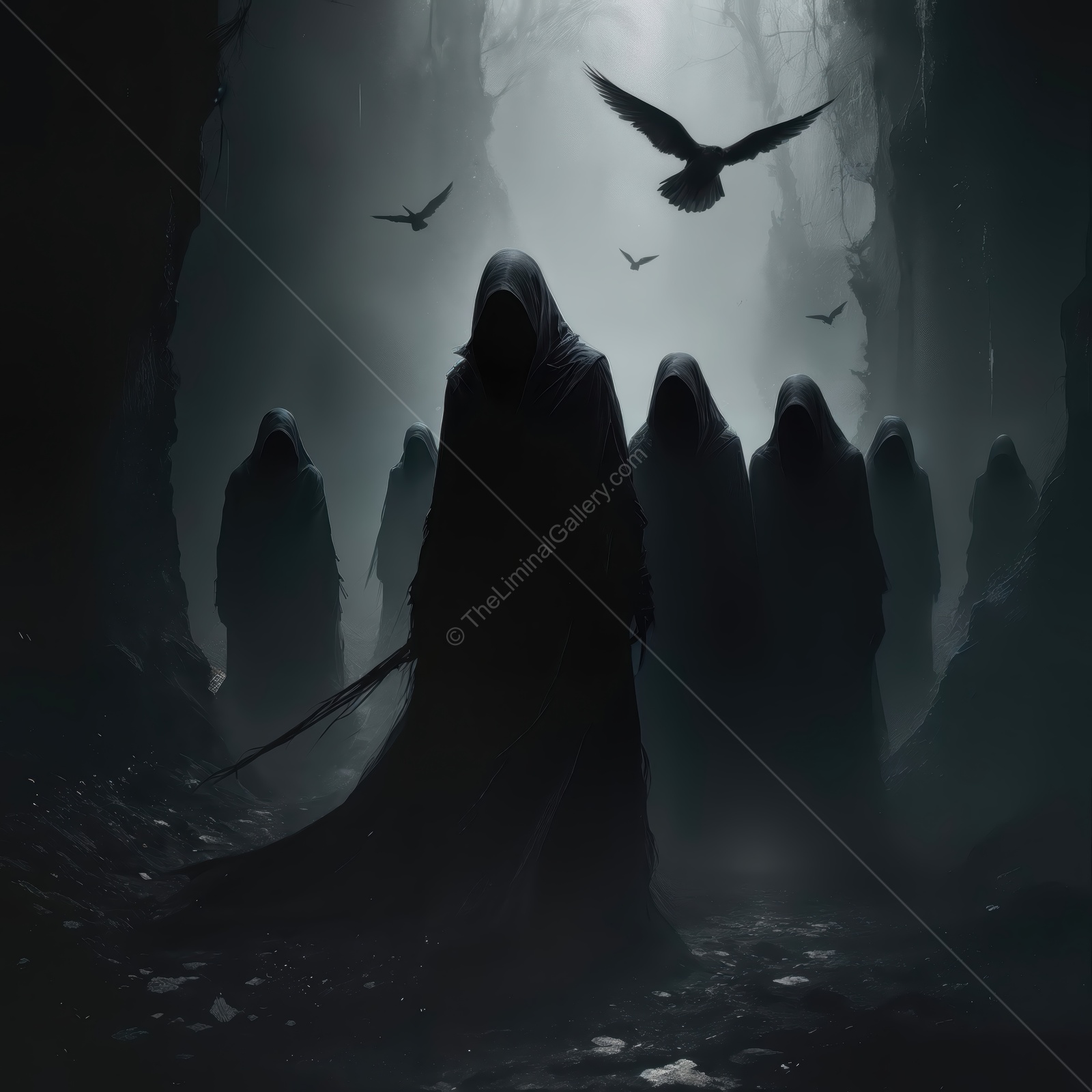 Shadows emerge from the misty forest as cloaked figures gather in silence beneath the darkened sky