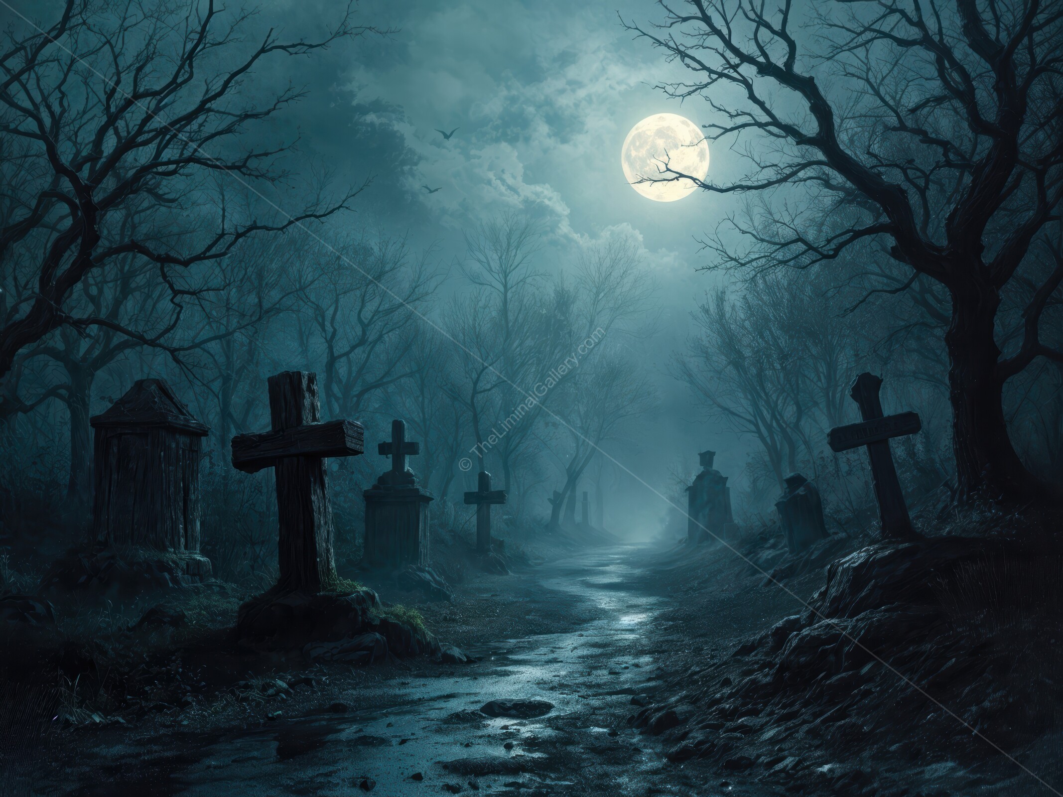 Misty graveyard under a full moon invites eerie whispers of the night