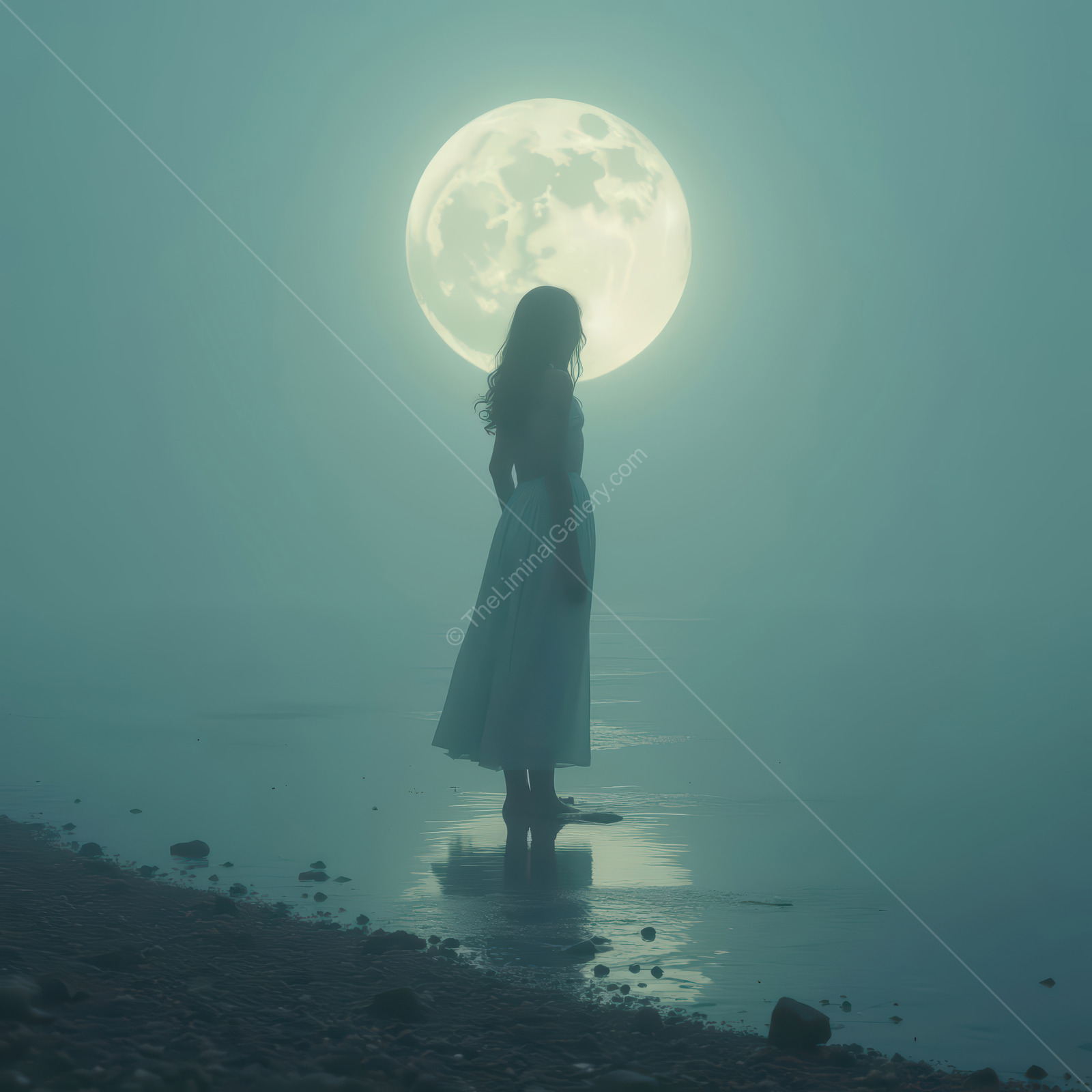 Silhouette of a woman in a white dress by the misty shore under a luminous full moon