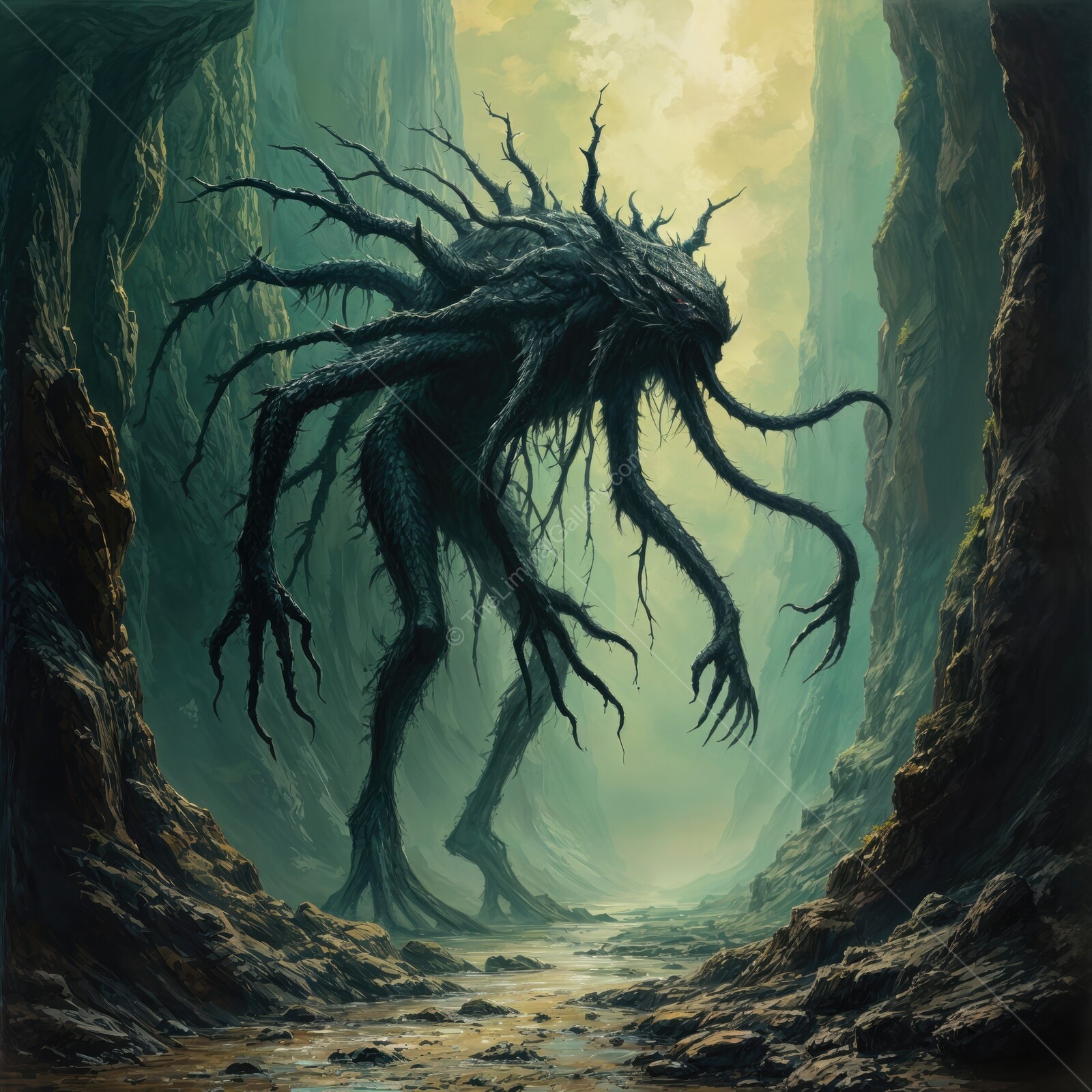 Unexpected encounter with a monstrous figure in a shadowy canyon at dusk fills the air with dread