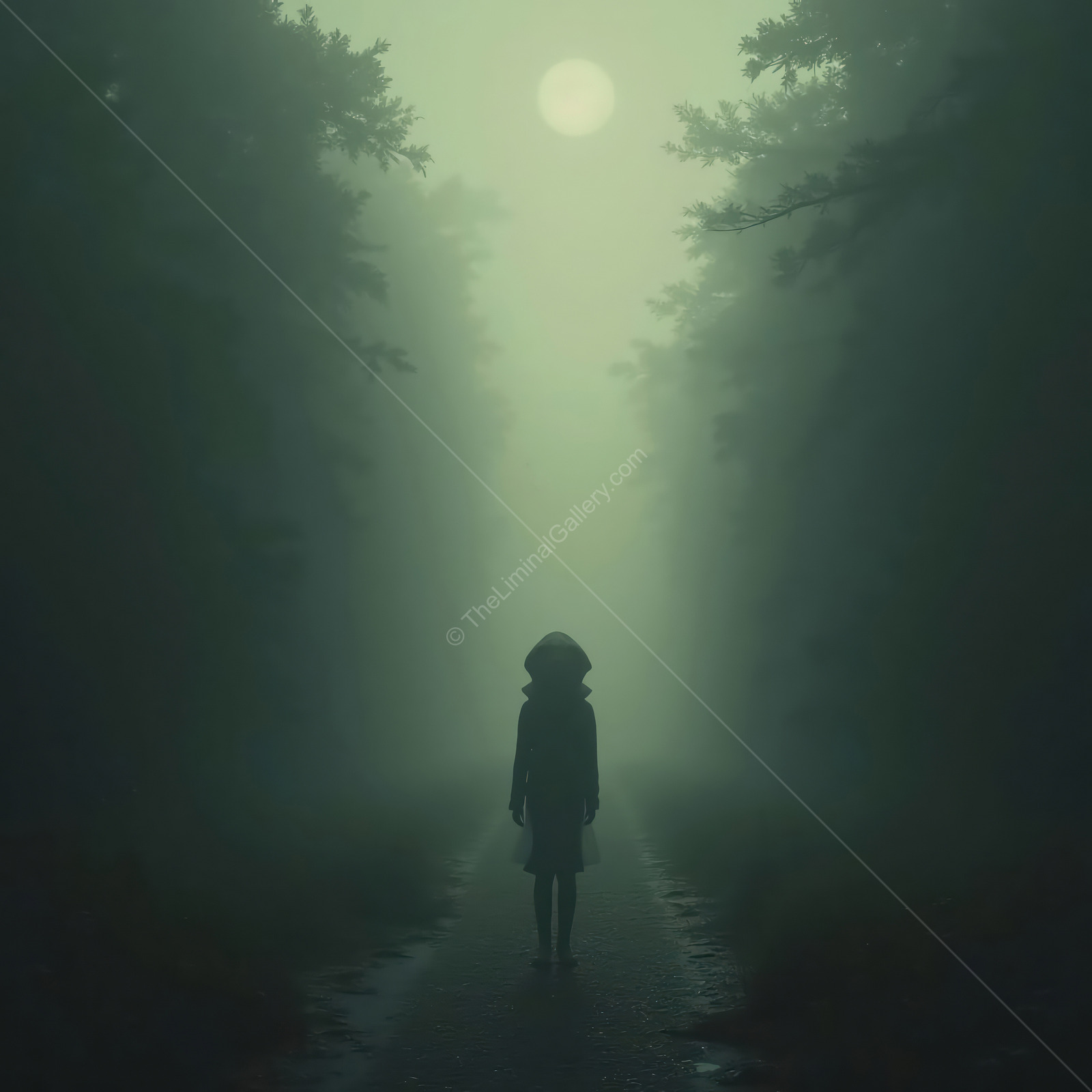 Mysterious figure in foggy forest under moonlight creates an eerie atmosphere at twilight
