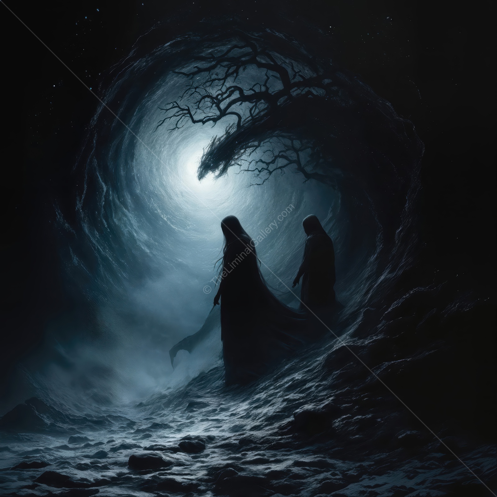 Shadows wander through a mystical forest with a haunting moonlight glow