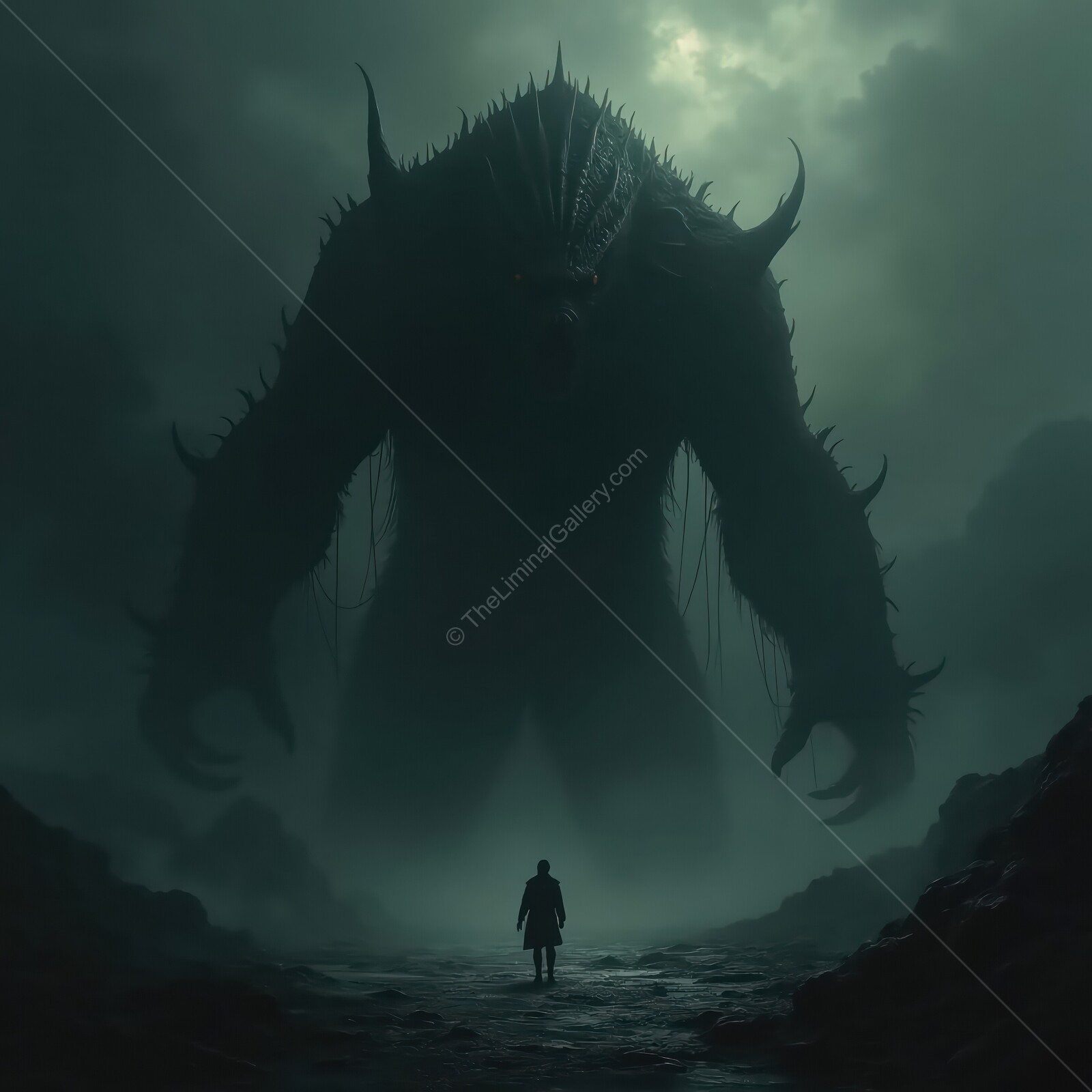A mysterious figure stands alone before a colossal silhouette in a haunting landscape shrouded in misty uncertainty