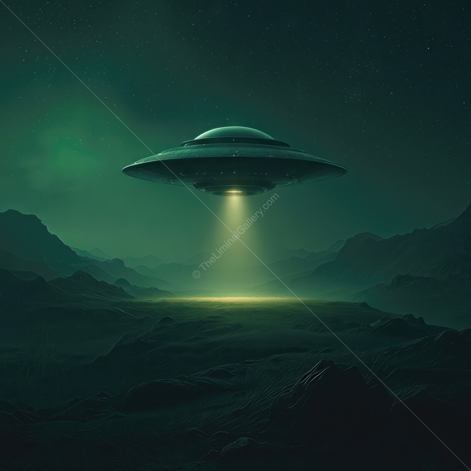 Mysterious craft descends on a desolate landscape under a haunting night sky