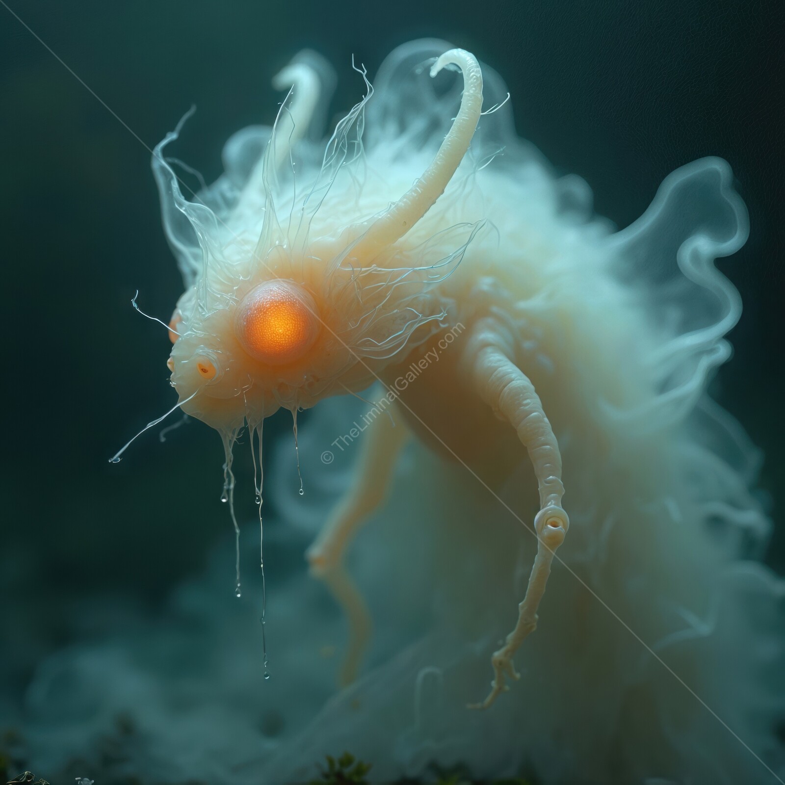 Mysterious creature lurks in the fog of an eerie underwater realm at twilight