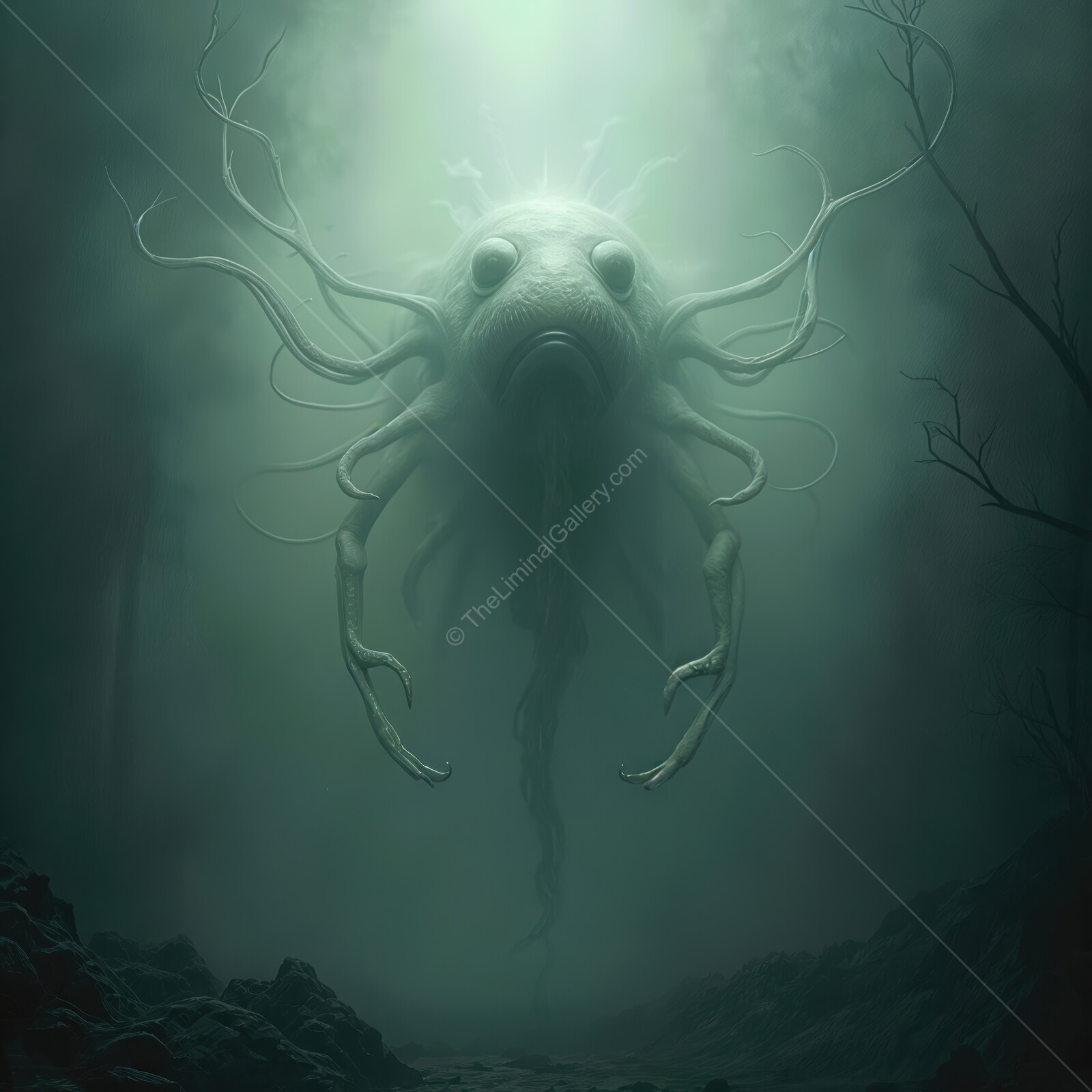 Mysterious sea-like creature lurks in the foggy underwater realm at midnight